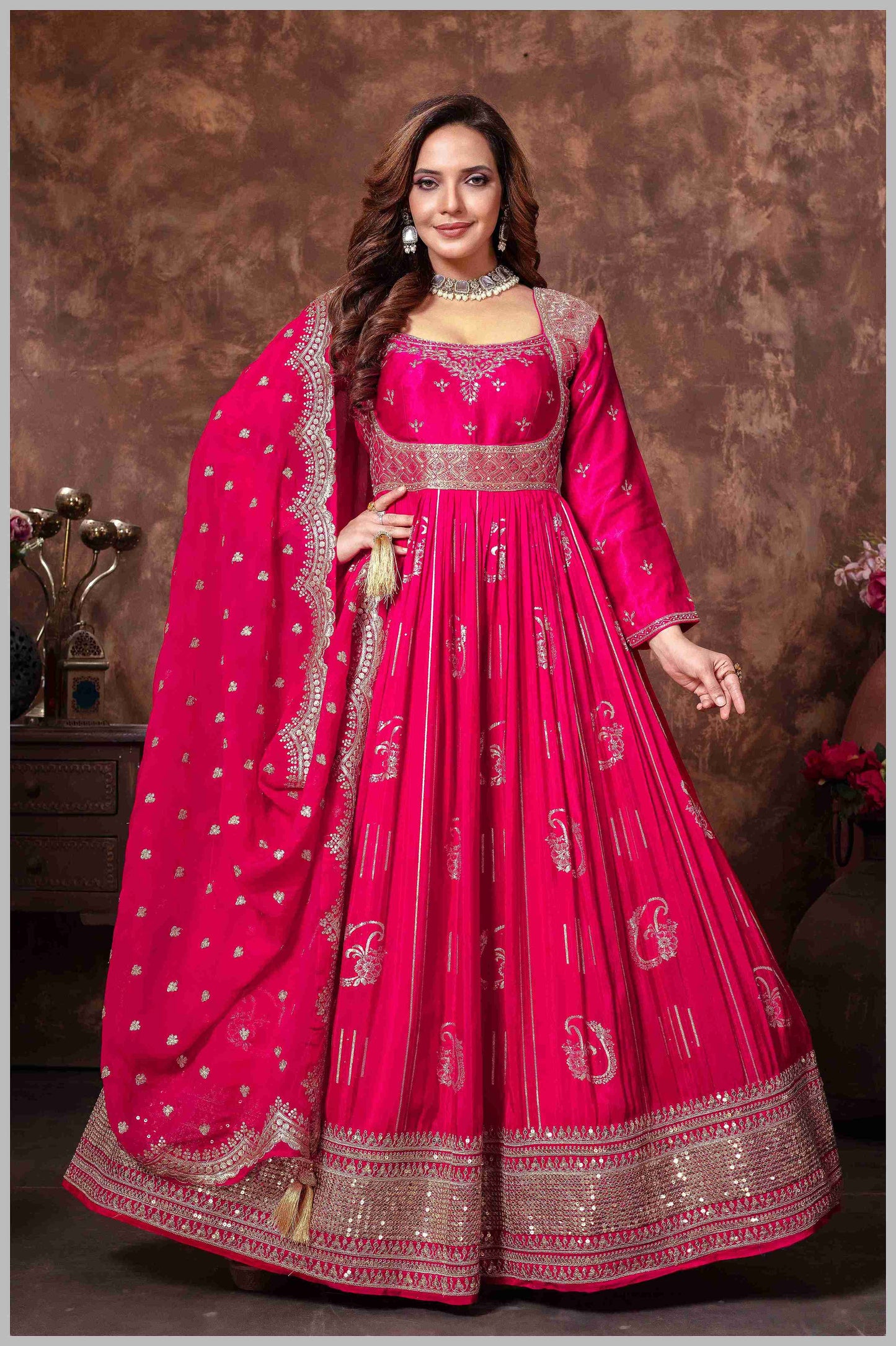Rani Pink Banarasi Silk Anarkali Gown with Sequin Embroidery Dupatta