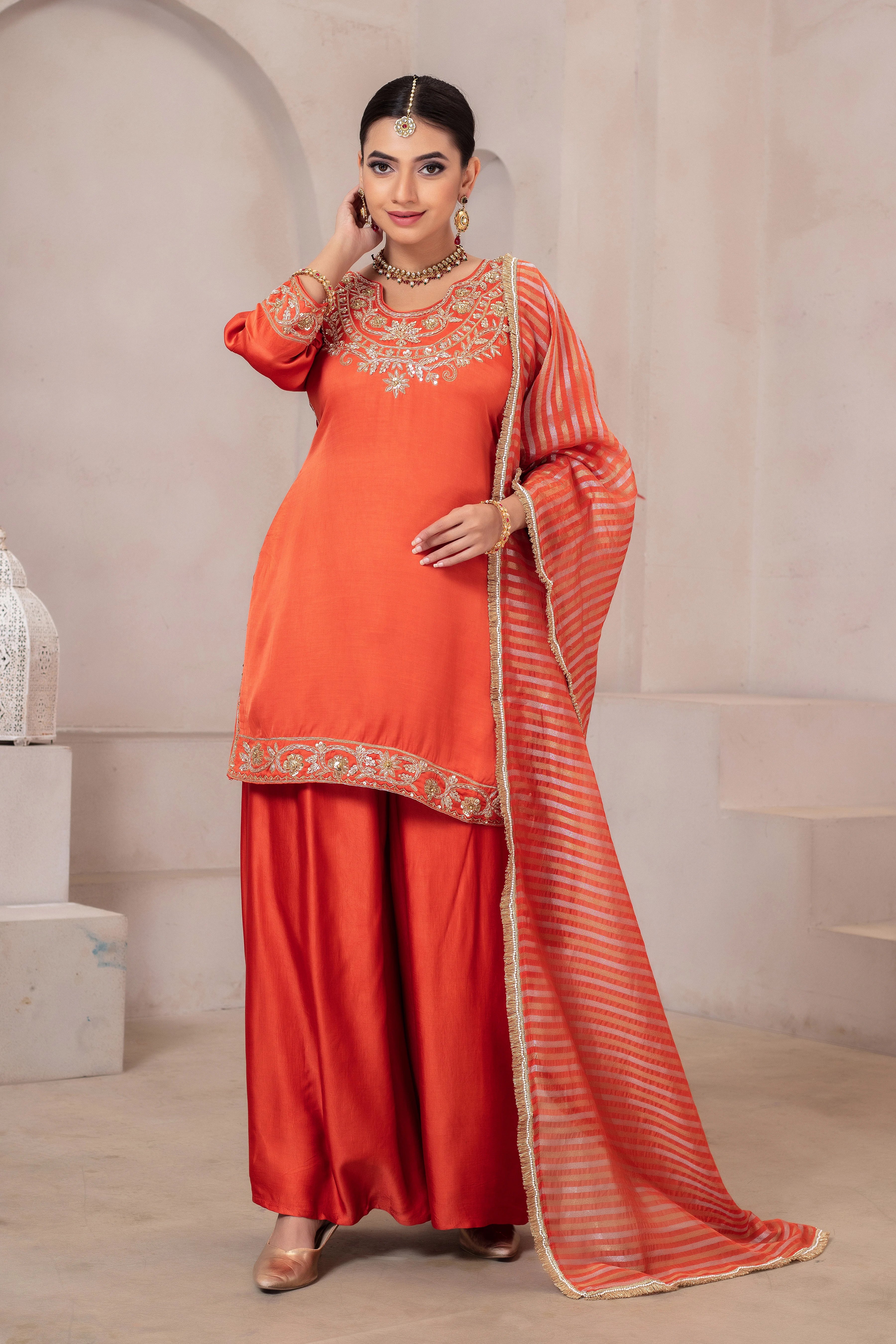 Pure Linen Zardozi Handwork Palazzo Set with Dupatta