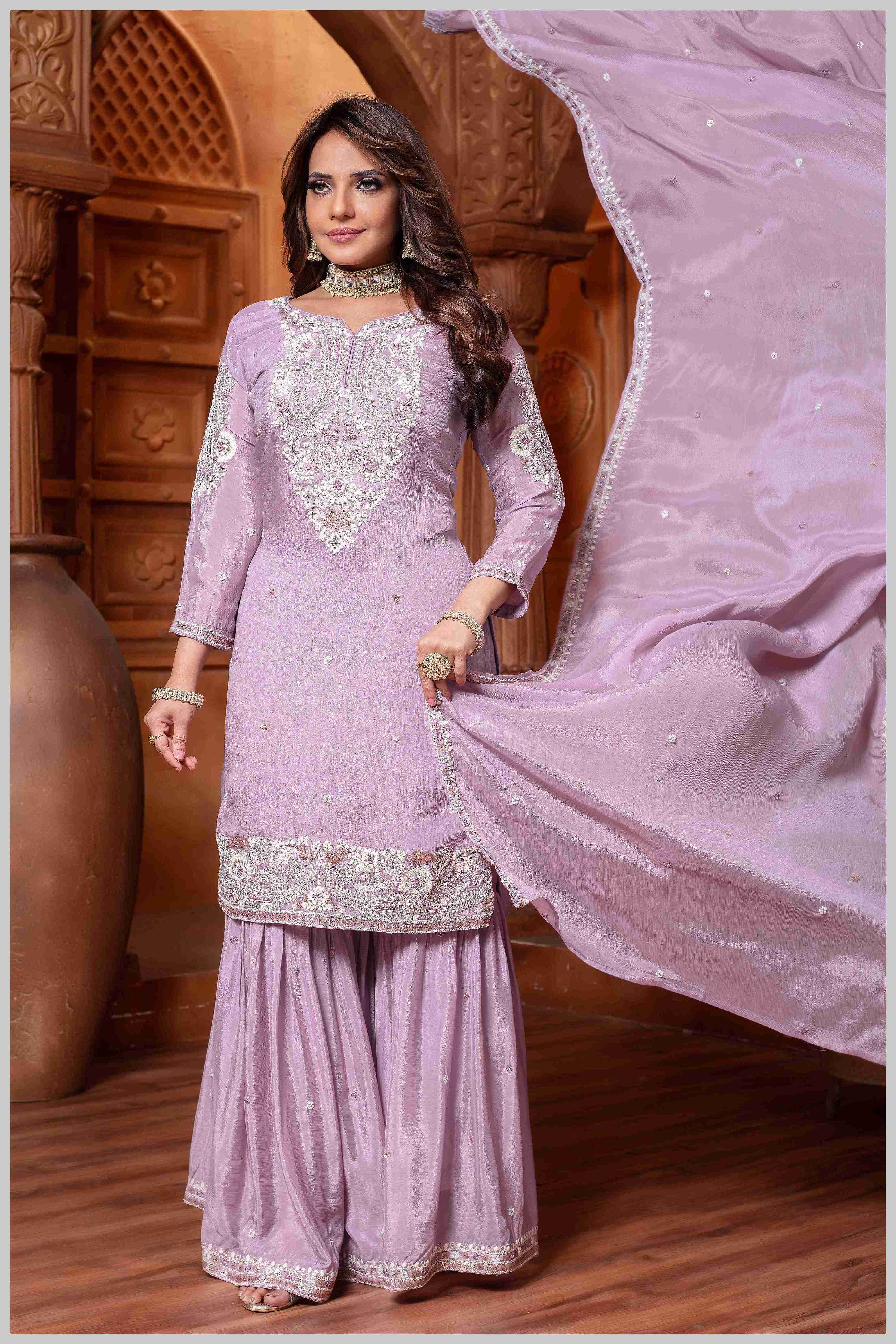 Mauve Plazo Set with Pearl & Sequin Embroidery