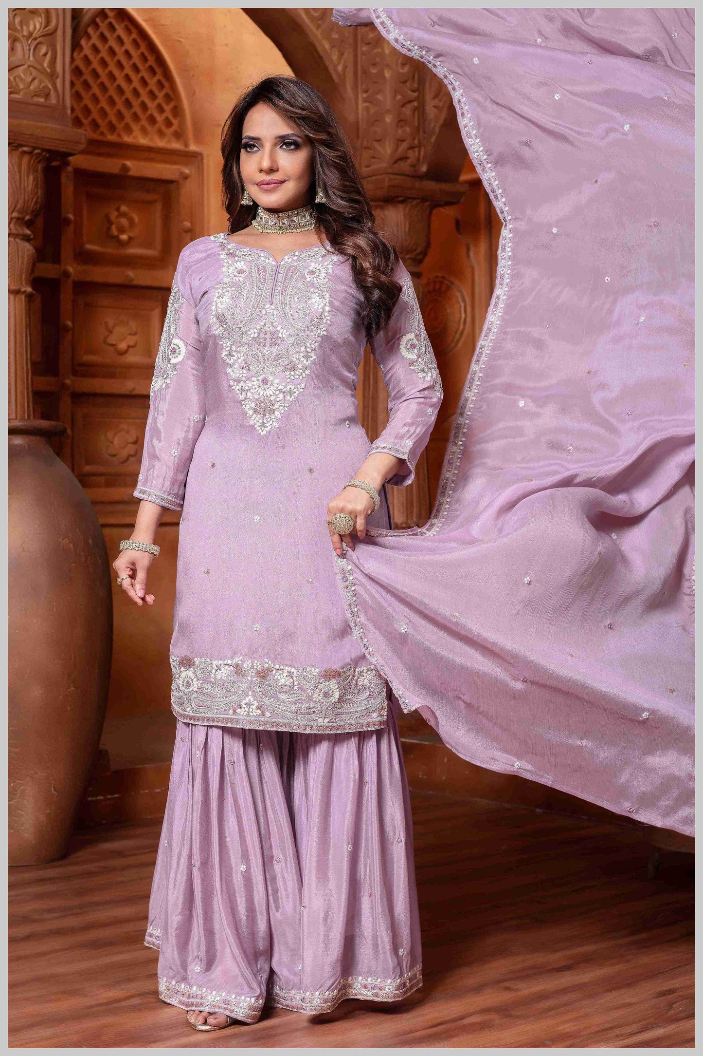 Mauve Plazo Set with Pearl & Sequin Embroidery