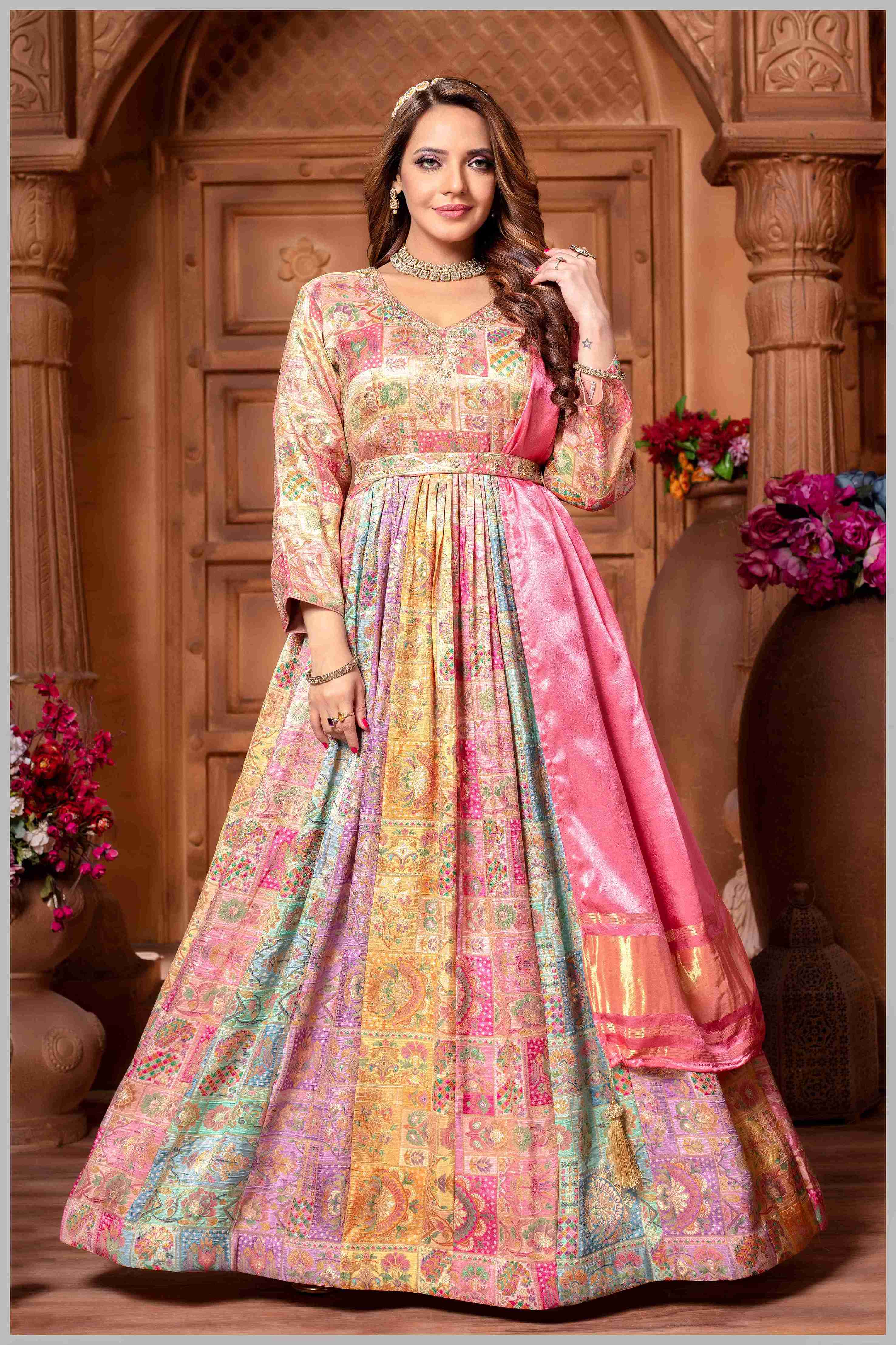 Multicolor Banarasi Anarkali Gown with babypink Dupatta