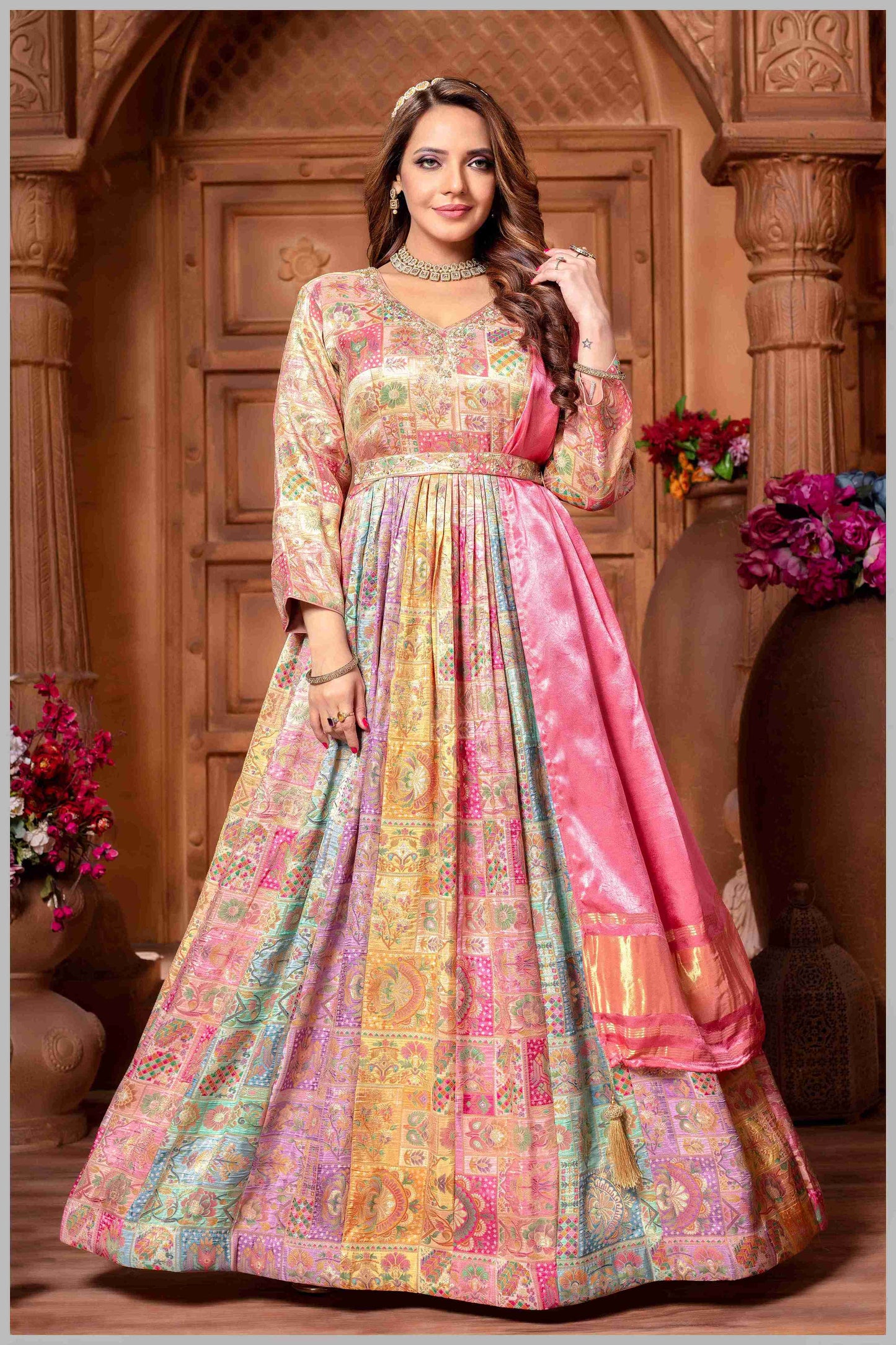 Multicolor Banarasi Anarkali Gown with babypink Dupatta