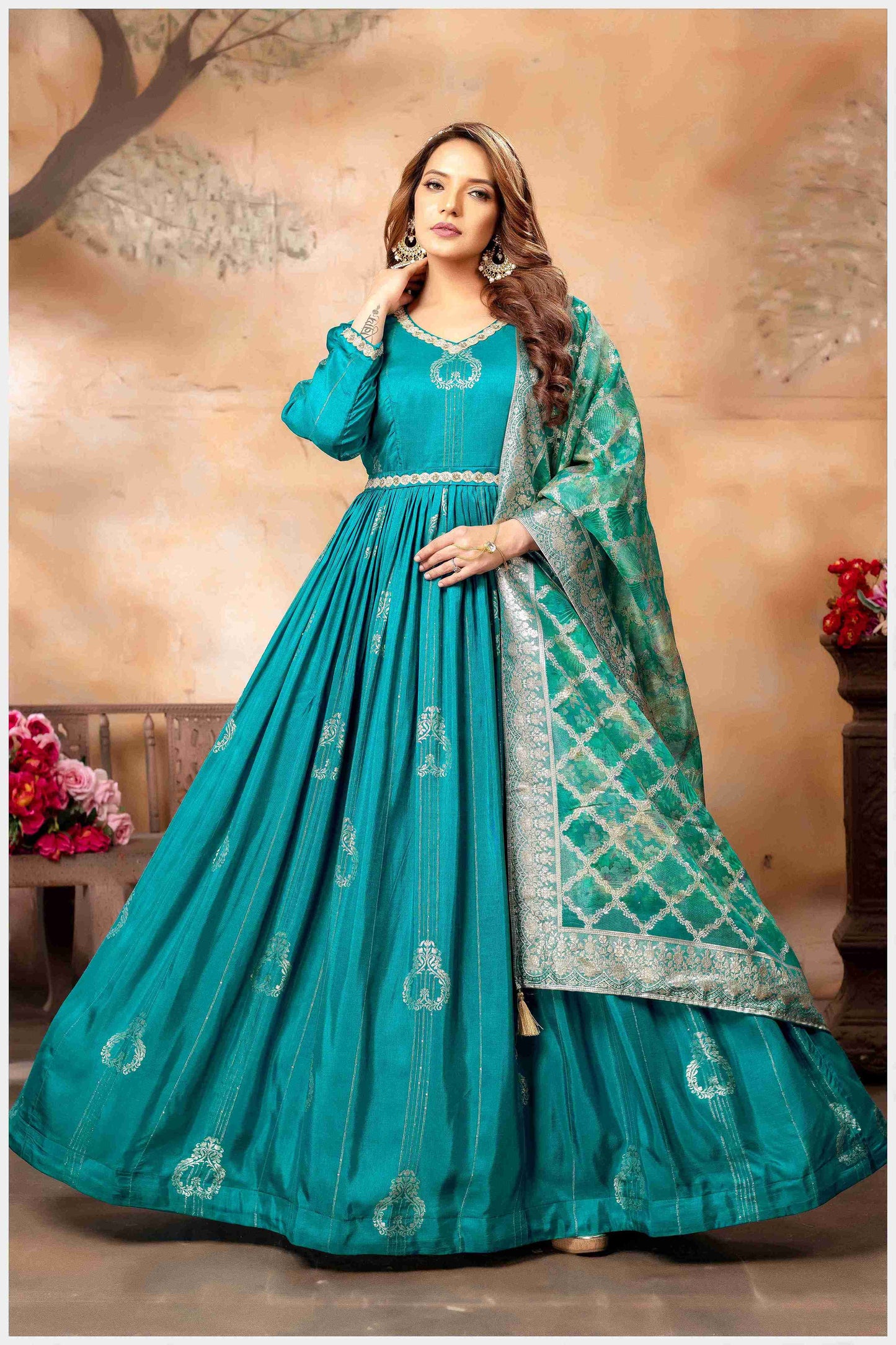 Turquoise Blue Anarkali with Gold Weave Dupatta