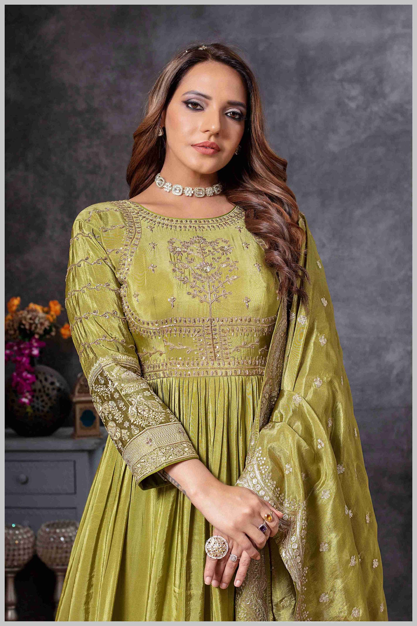 Mehendi Anarkali Gown with Zari Embroidered Dupatta
