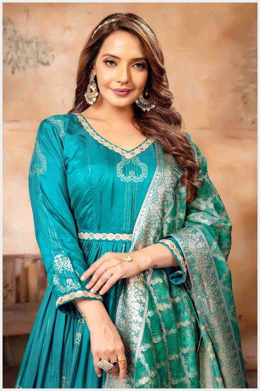 Turquoise Blue Anarkali with Gold Weave Dupatta