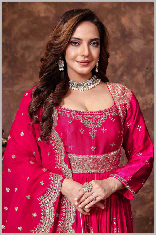 Rani Pink Banarasi Silk Anarkali Gown with Sequin Embroidery Dupatta