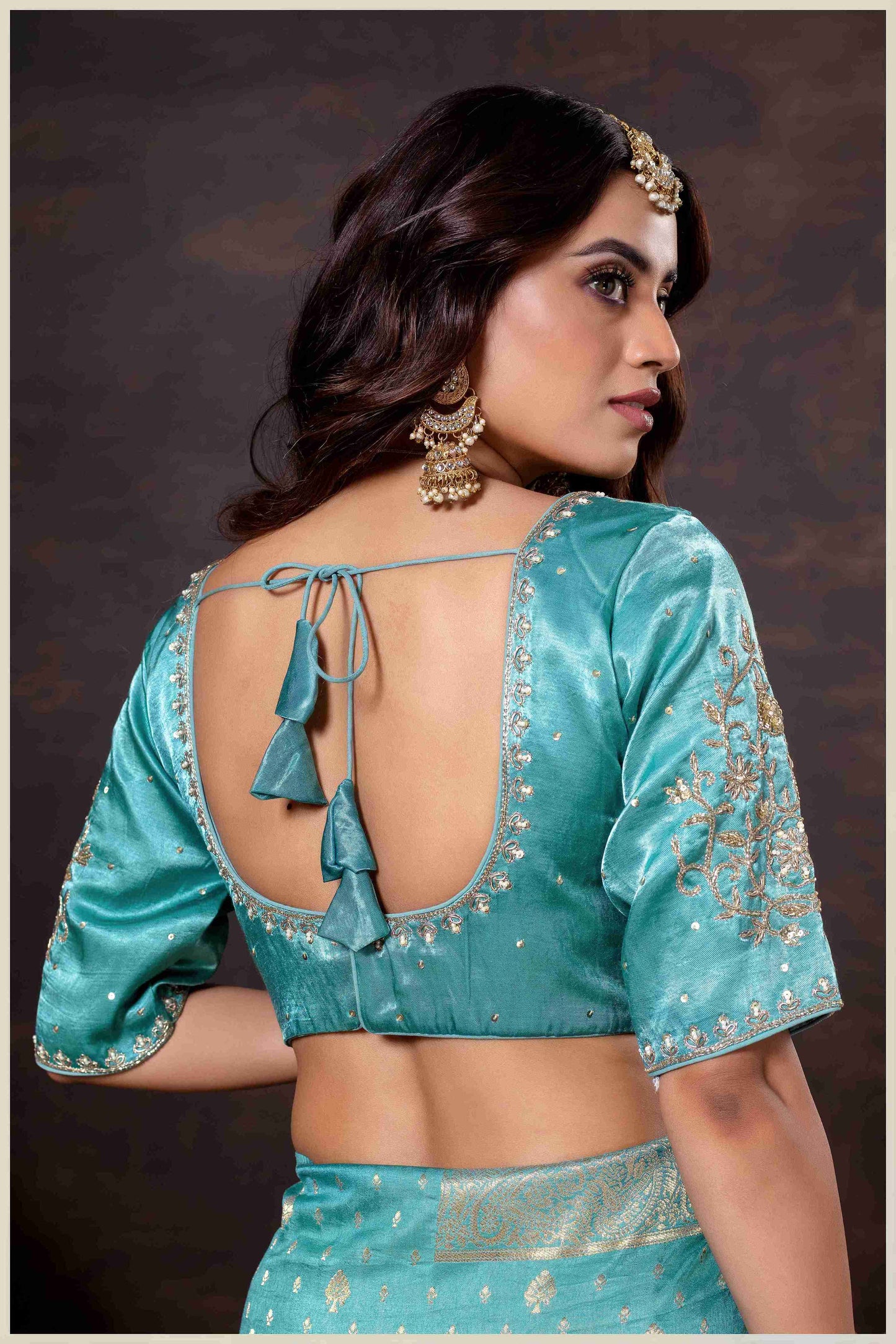 Vibrant Dusty blue Zari Banarasi Silk Saree with Embroidered Stitched Blouse