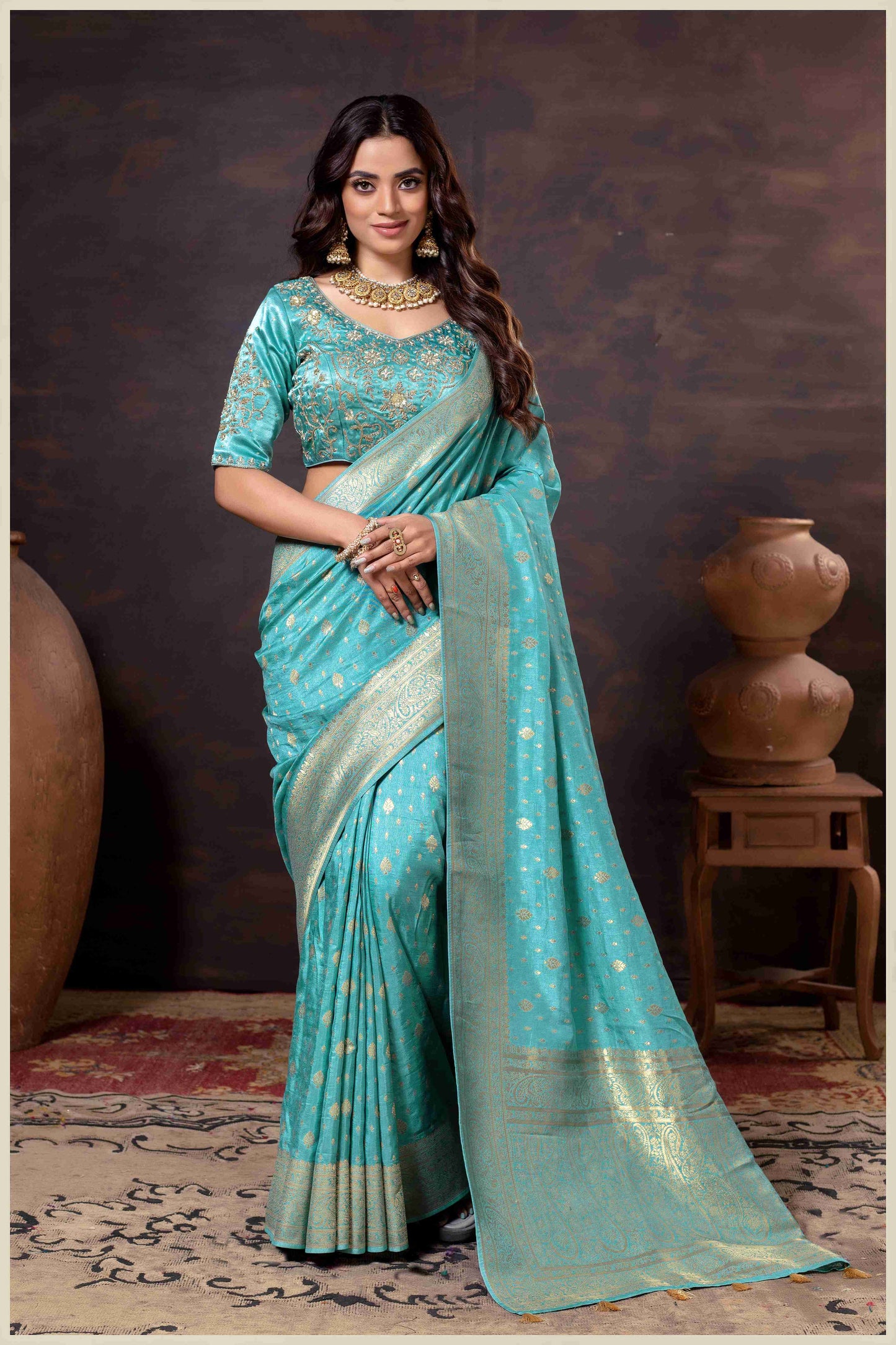 Vibrant Dusty blue Zari Banarasi Silk Saree with Embroidered Stitched Blouse