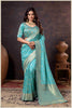 Vibrant Dusty blue Zari Banarasi Silk Saree with Embroidered Stitched Blouse