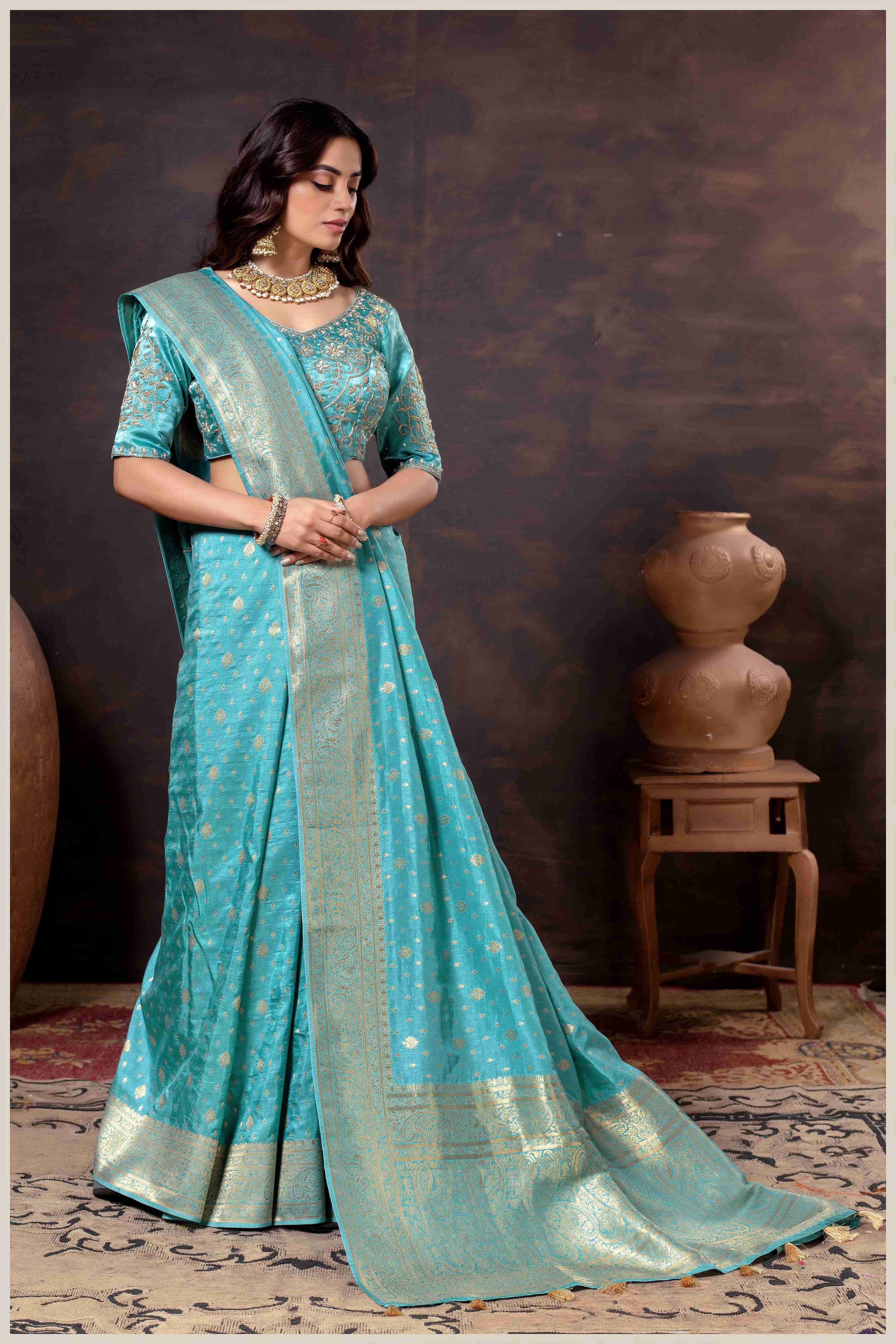 Vibrant Dusty blue Zari Banarasi Silk Saree with Embroidered Stitched Blouse
