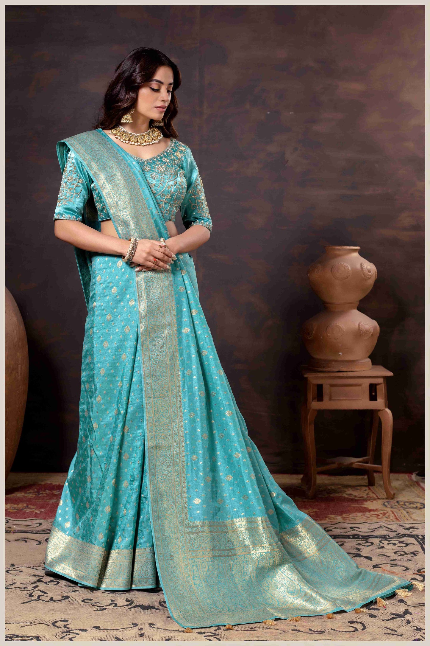 Vibrant Dusty blue Zari Banarasi Silk Saree with Embroidered Stitched Blouse