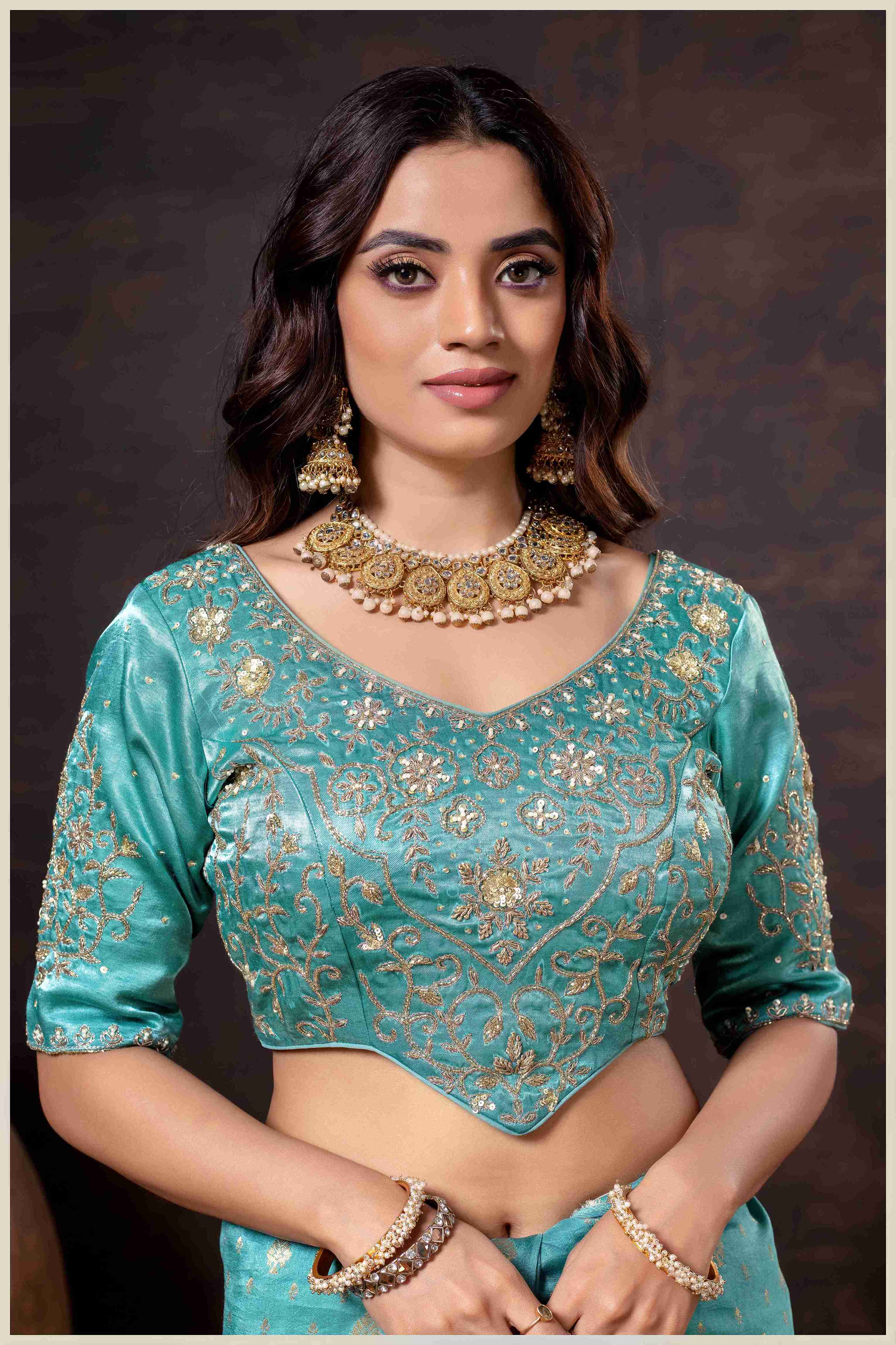 Vibrant Dusty blue Zari Banarasi Silk Saree with Embroidered Stitched Blouse
