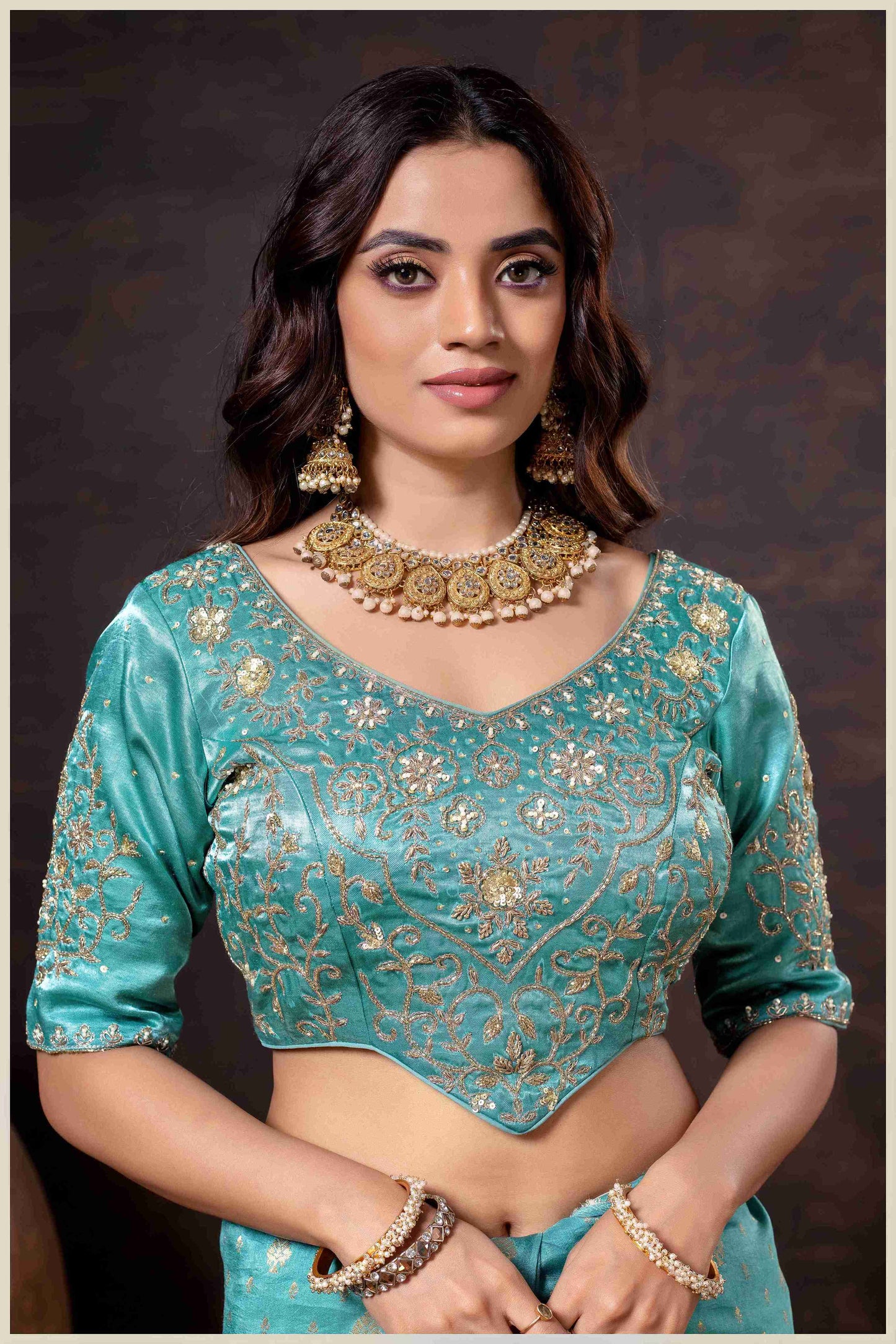 Vibrant Dusty blue Zari Banarasi Silk Saree with Embroidered Stitched Blouse