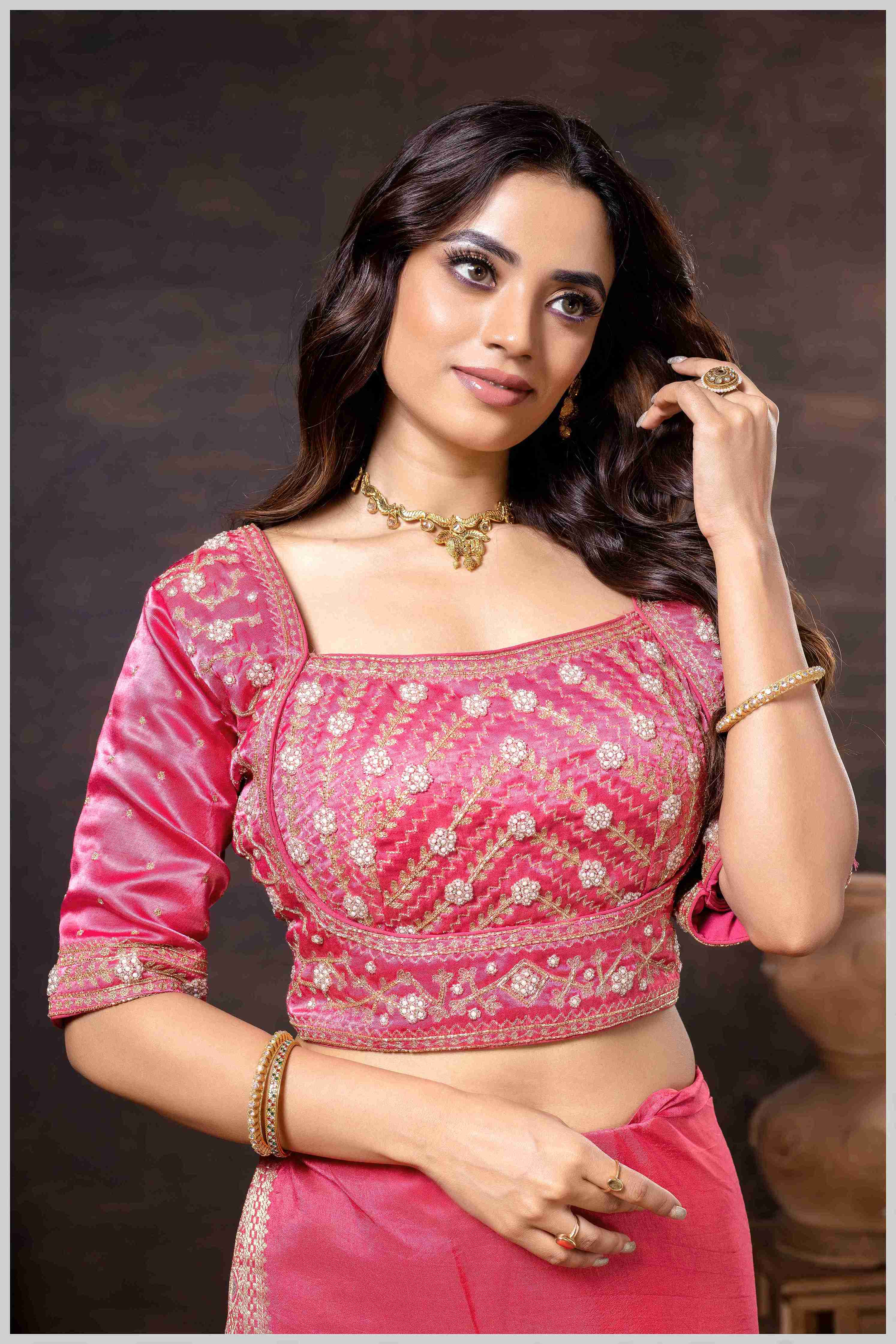 Regal Peach Zari Woven Silk Saree with Stitched Designer Blouse.