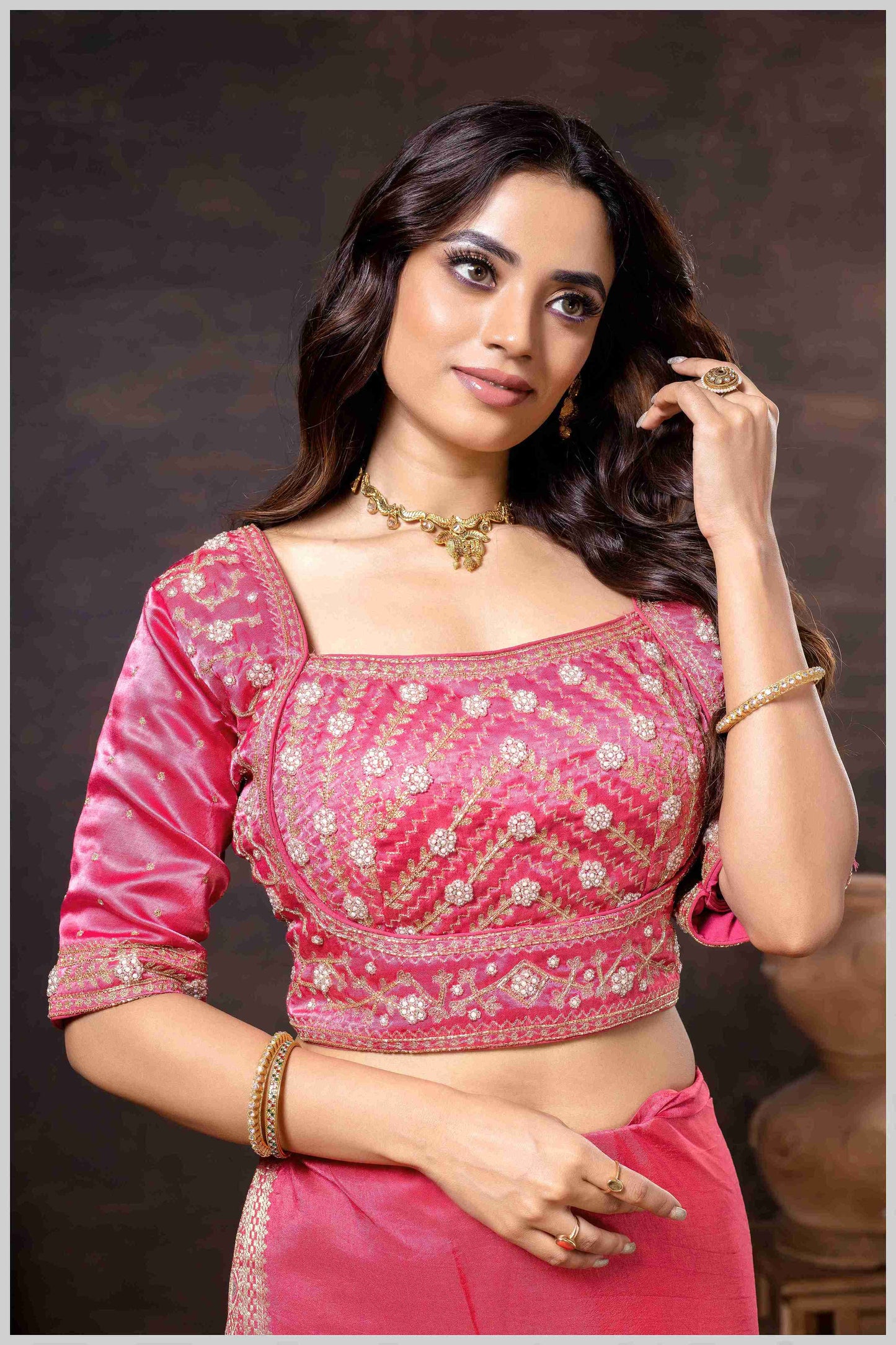 Regal Peach Zari Woven Silk Saree with Stitched Designer Blouse.
