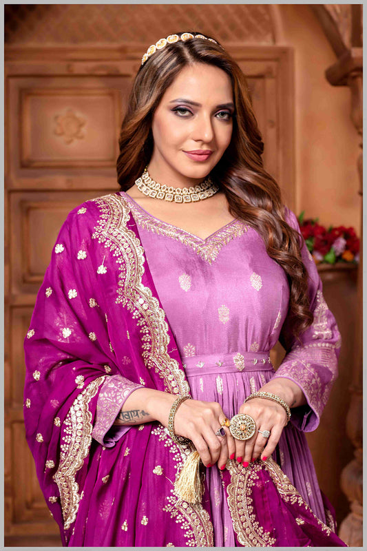 Mauve Anarkali with Contrasting Rani Pink Dupatta