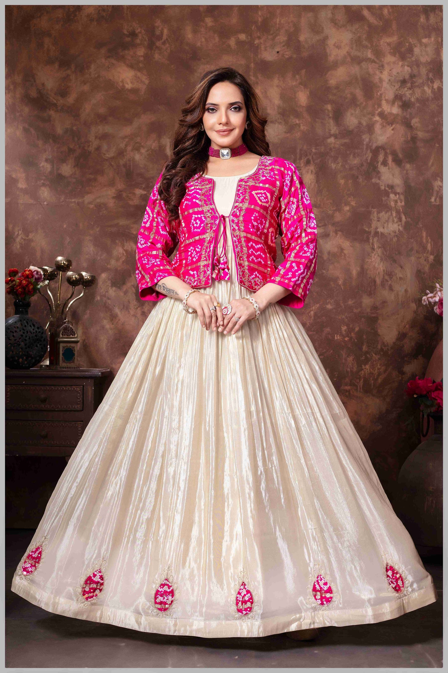 Cream Tissue Anarkali with Pink Gajji Jacket