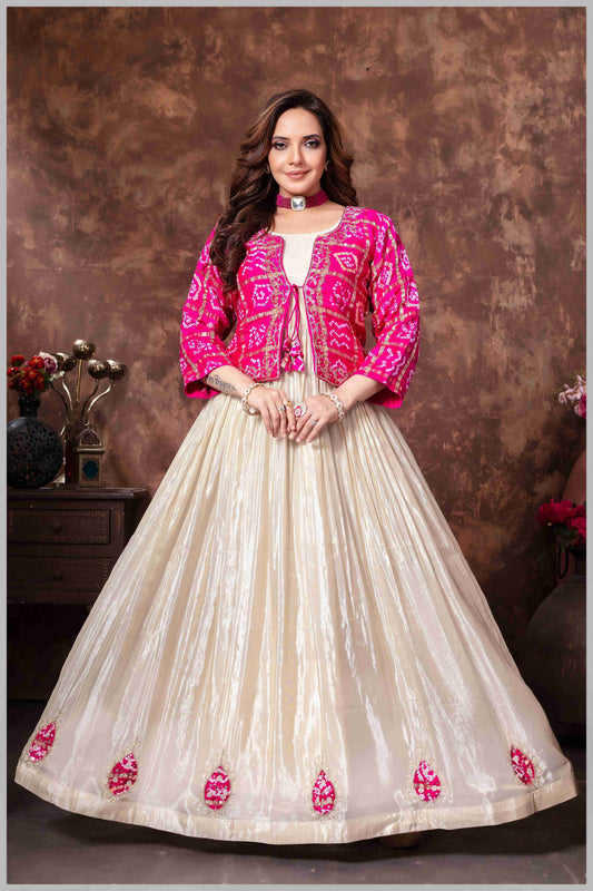 Cream Tissue Anarkali with Pink Gajji Jacket