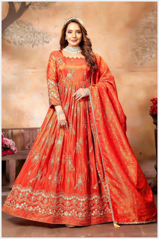 Fiery Rust-Orange Embroidered Anarkali with Golden Accents