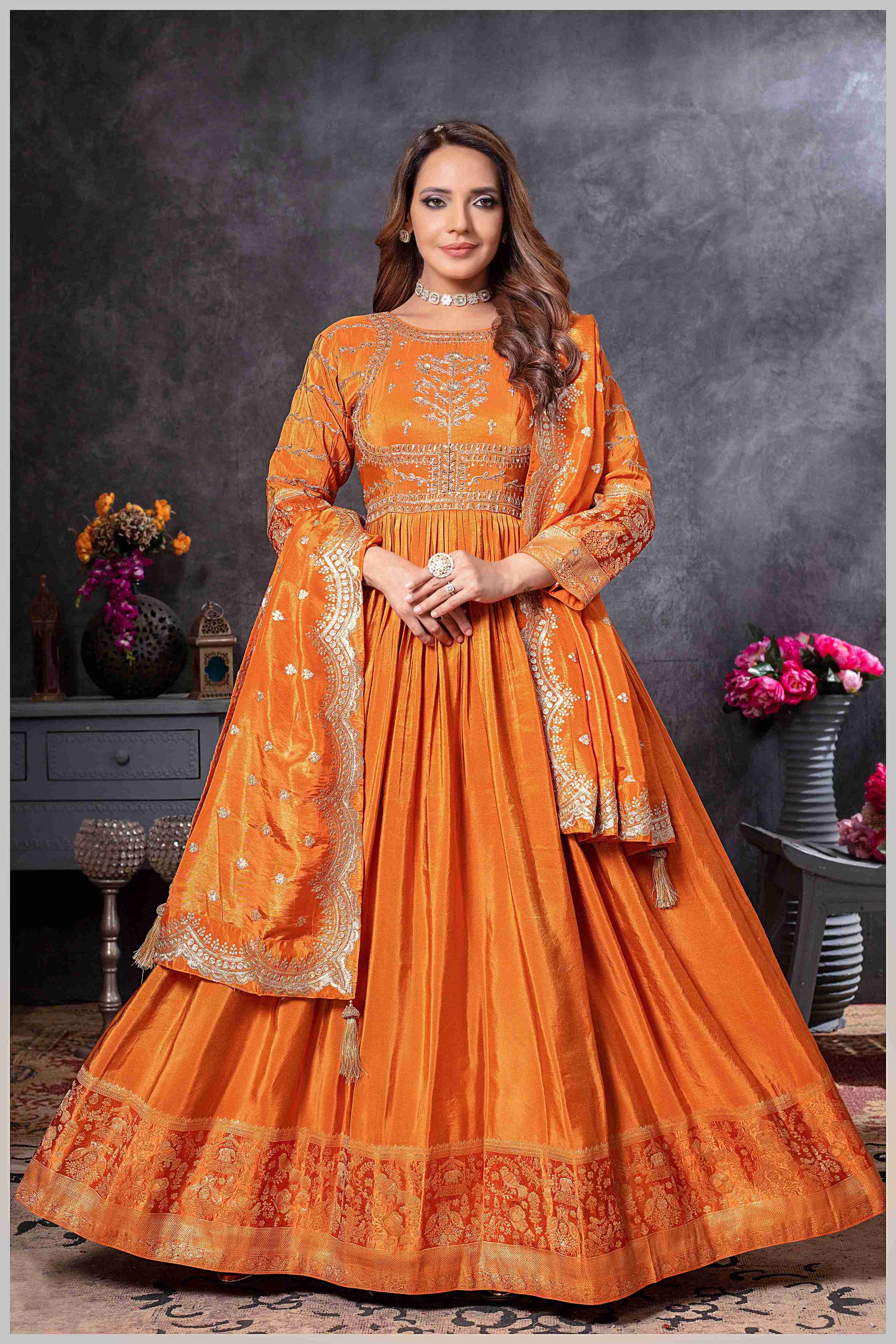 Rust Anarkali Gown with Zari Embroidered Dupatta