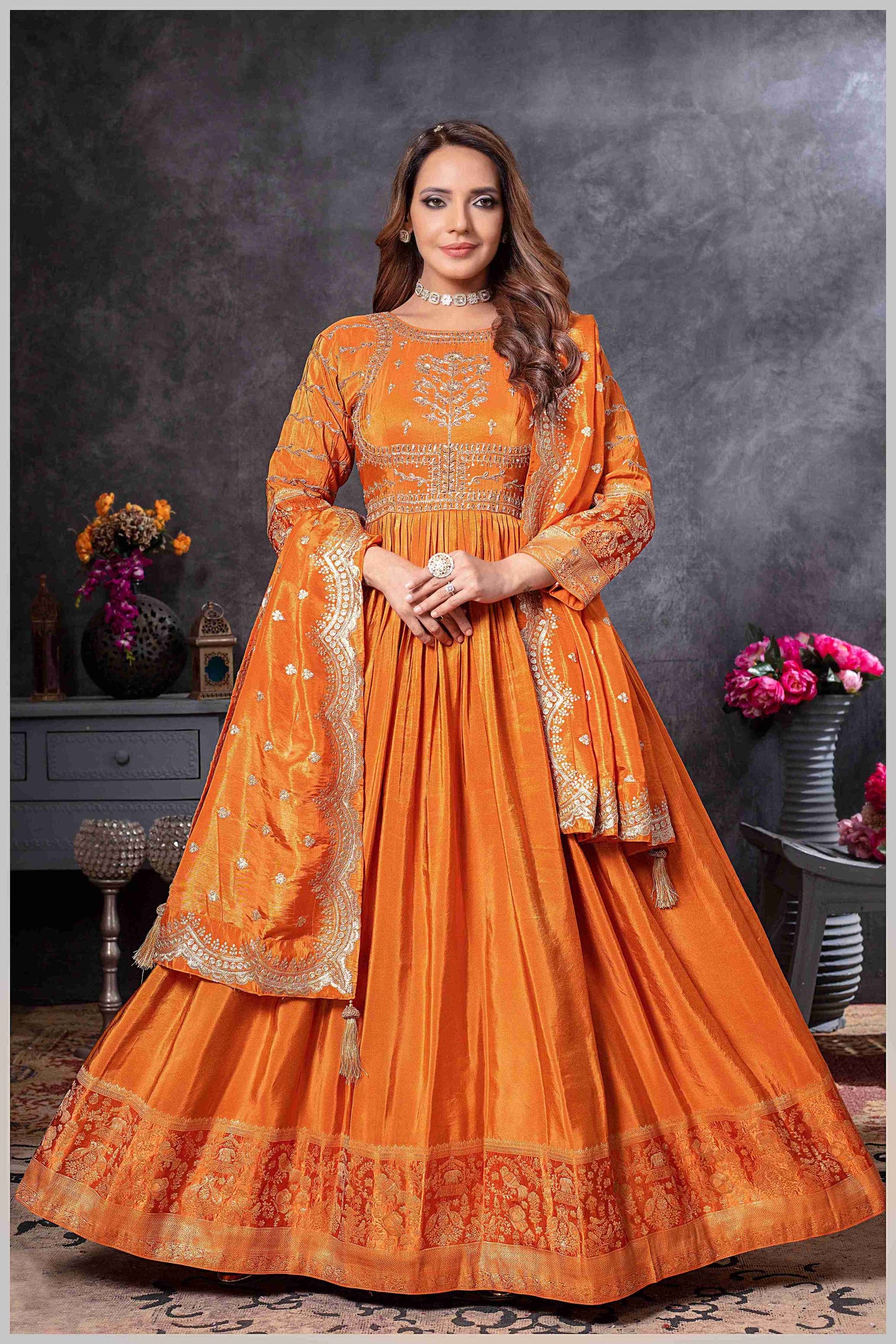 Rust Anarkali Gown with Zari Embroidered Dupatta