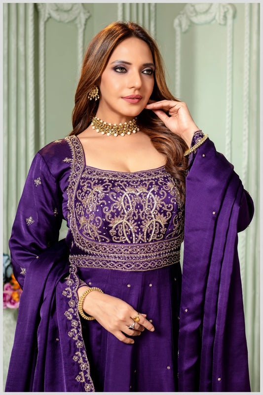 Deep Violet Embroidered Silk Anarkali Gown with Dupatta
