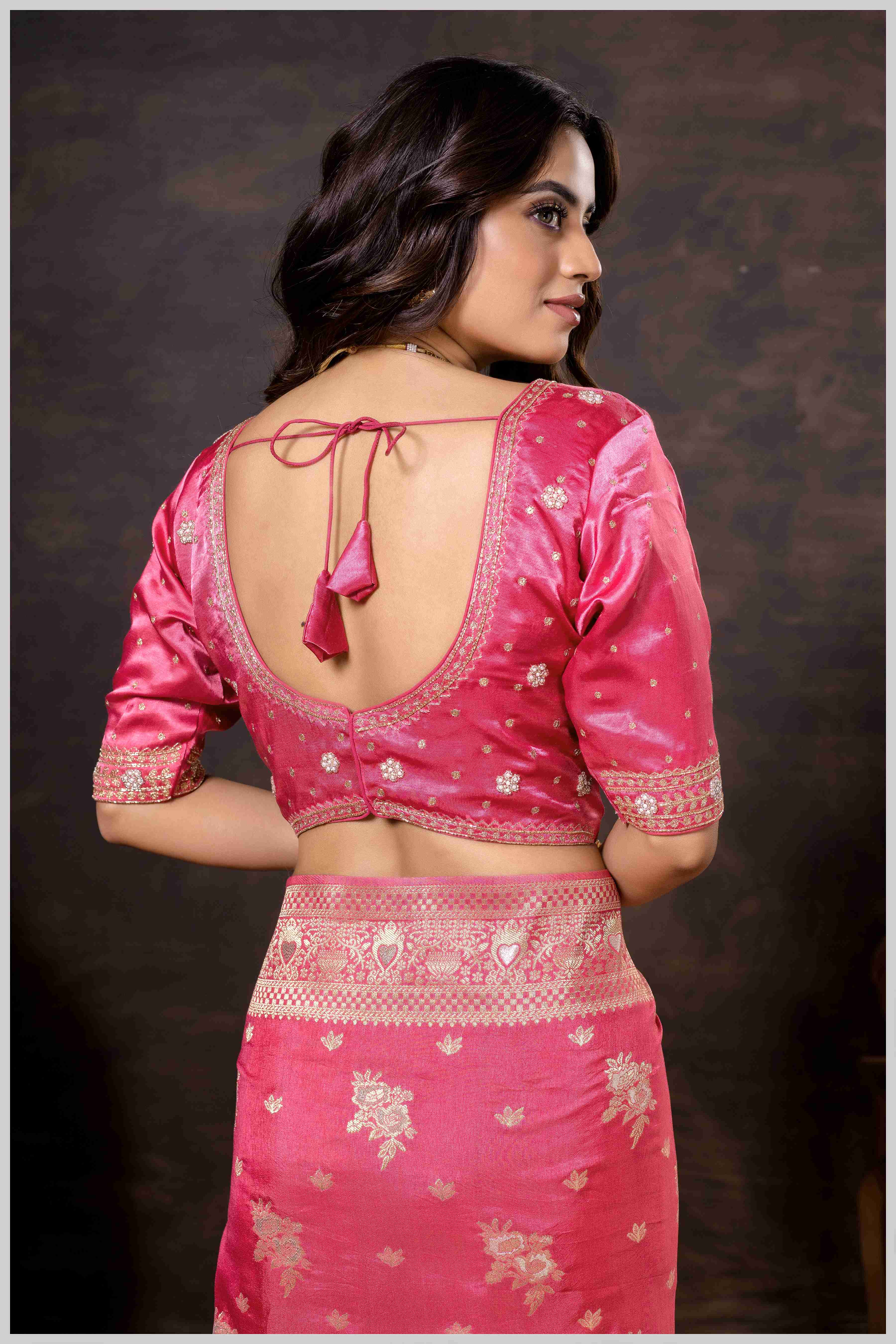 Regal Peach Zari Woven Silk Saree with Stitched Designer Blouse.