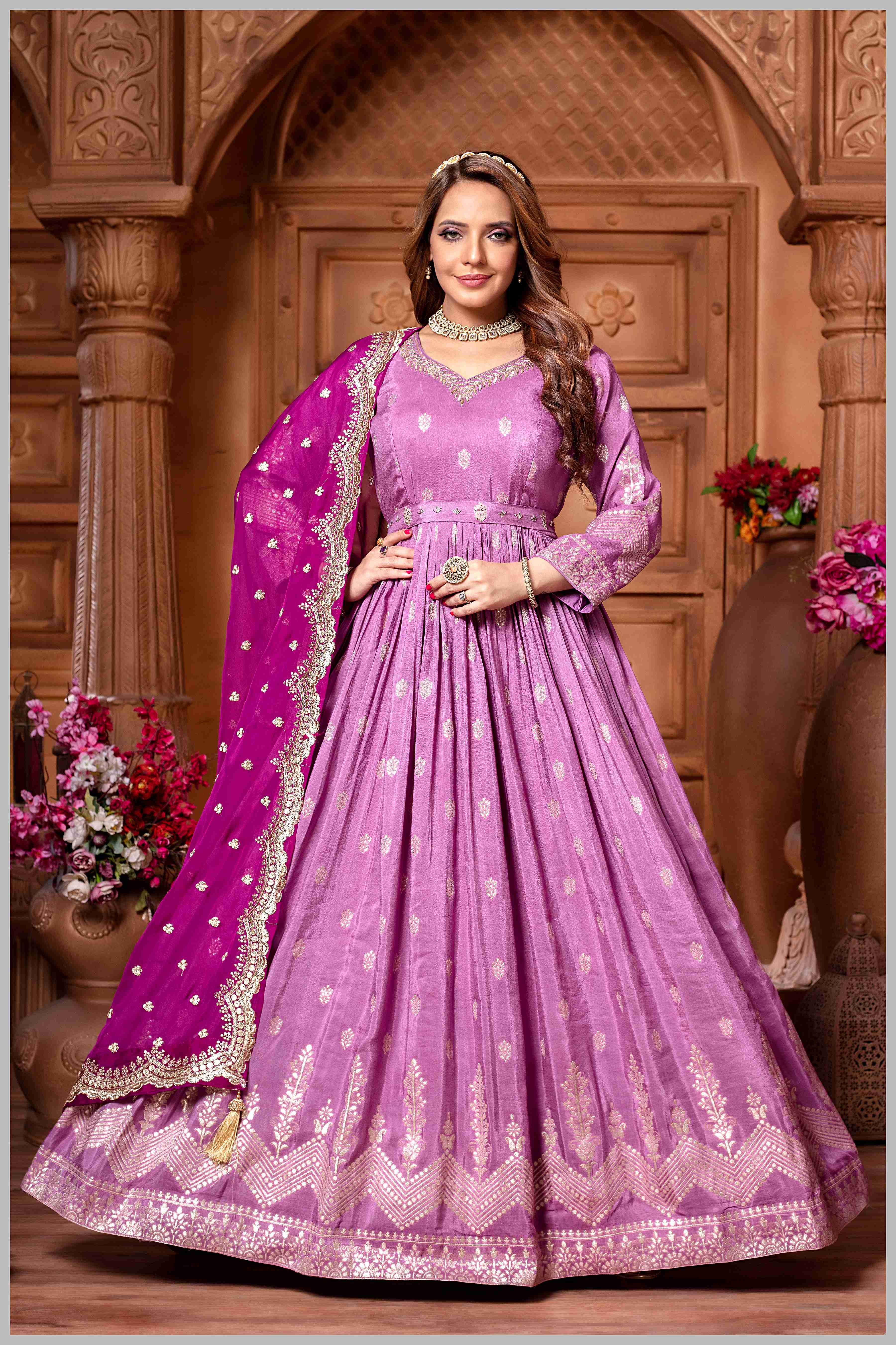 Mauve Anarkali with Contrasting Rani Pink Dupatta