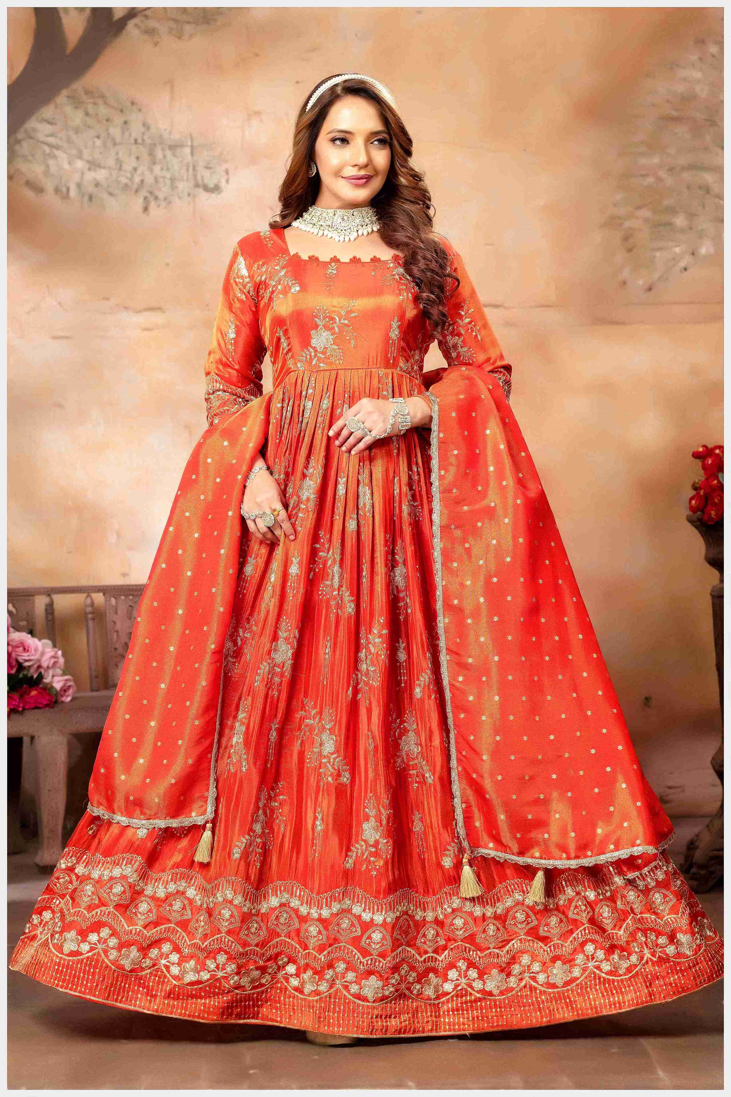 Fiery Rust-Orange Embroidered Anarkali with Golden Accents