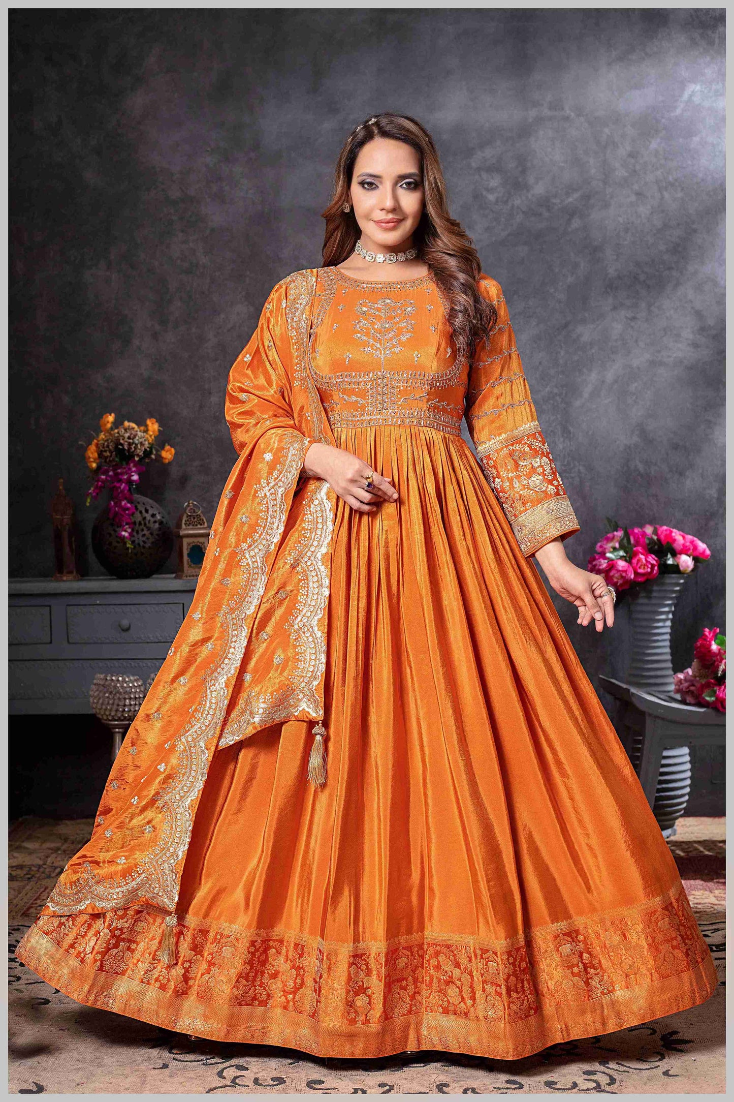 Rust Anarkali Gown with Zari Embroidered Dupatta