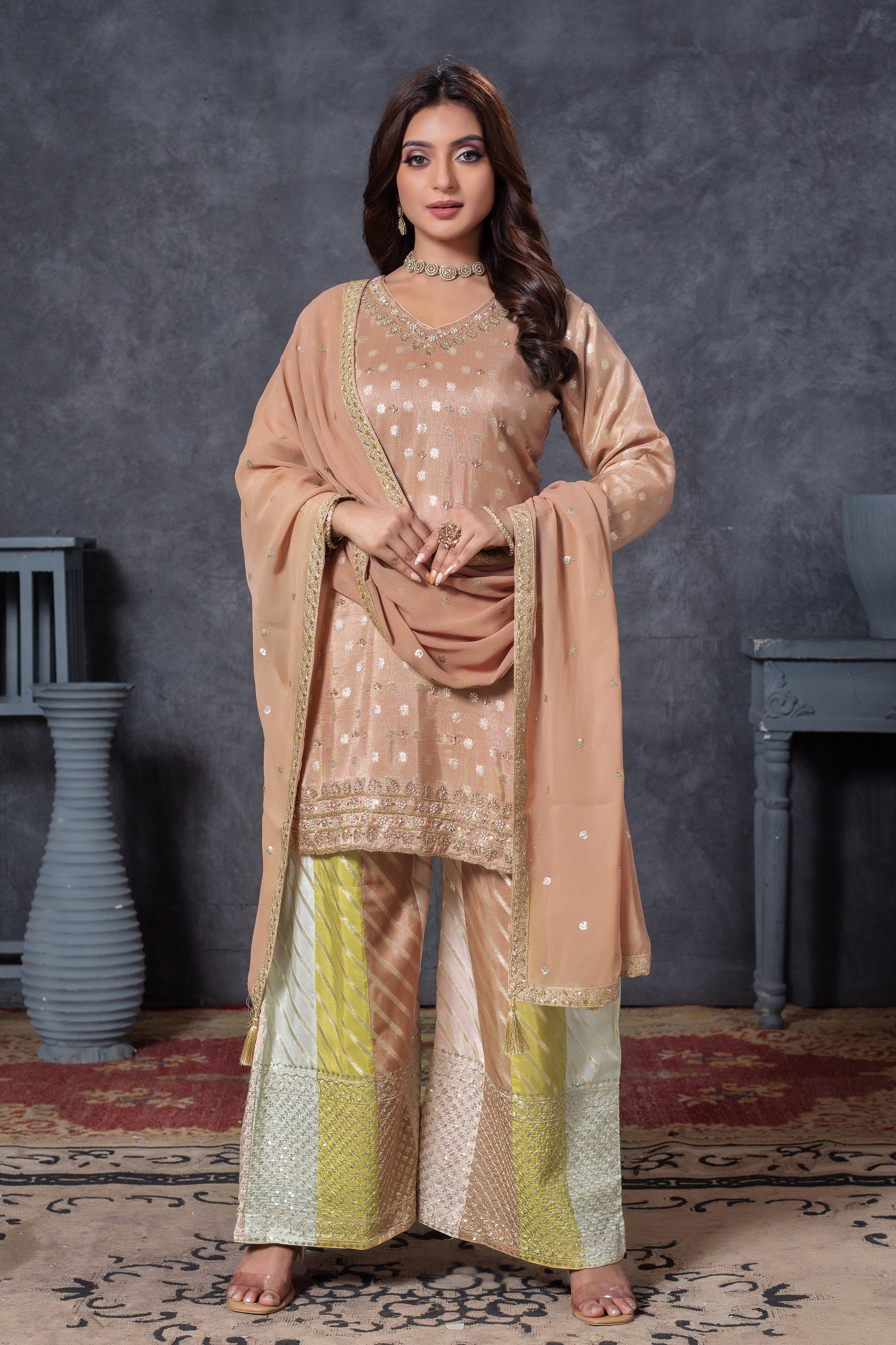 Embroidered Kurta Palazzo Set with Dupatta