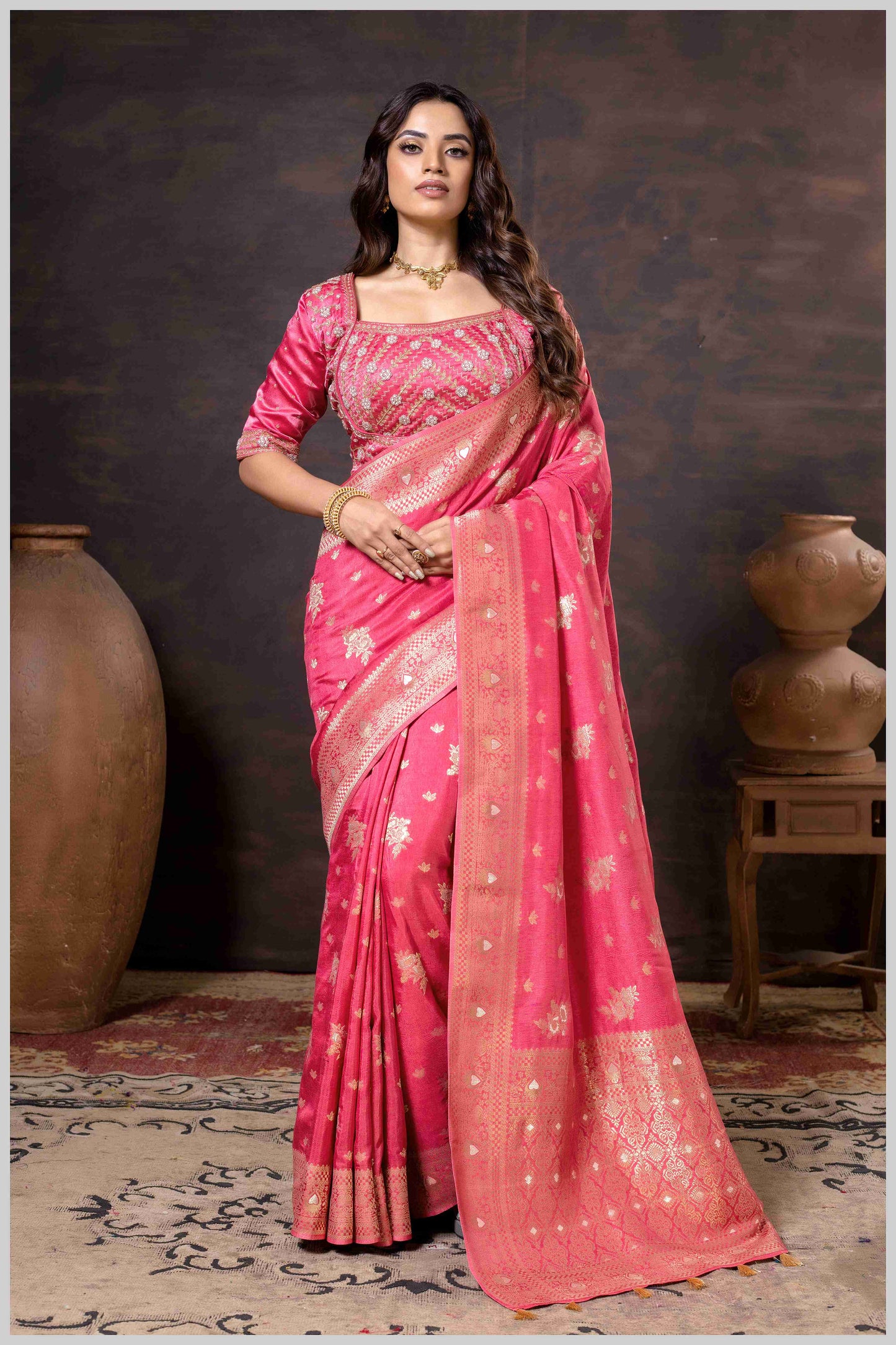 Regal Peach Zari Woven Silk Saree with Stitched Designer Blouse.