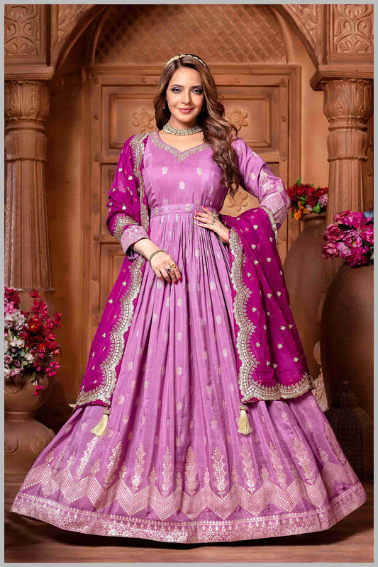 Mauve Anarkali with Contrasting Rani Pink Dupatta
