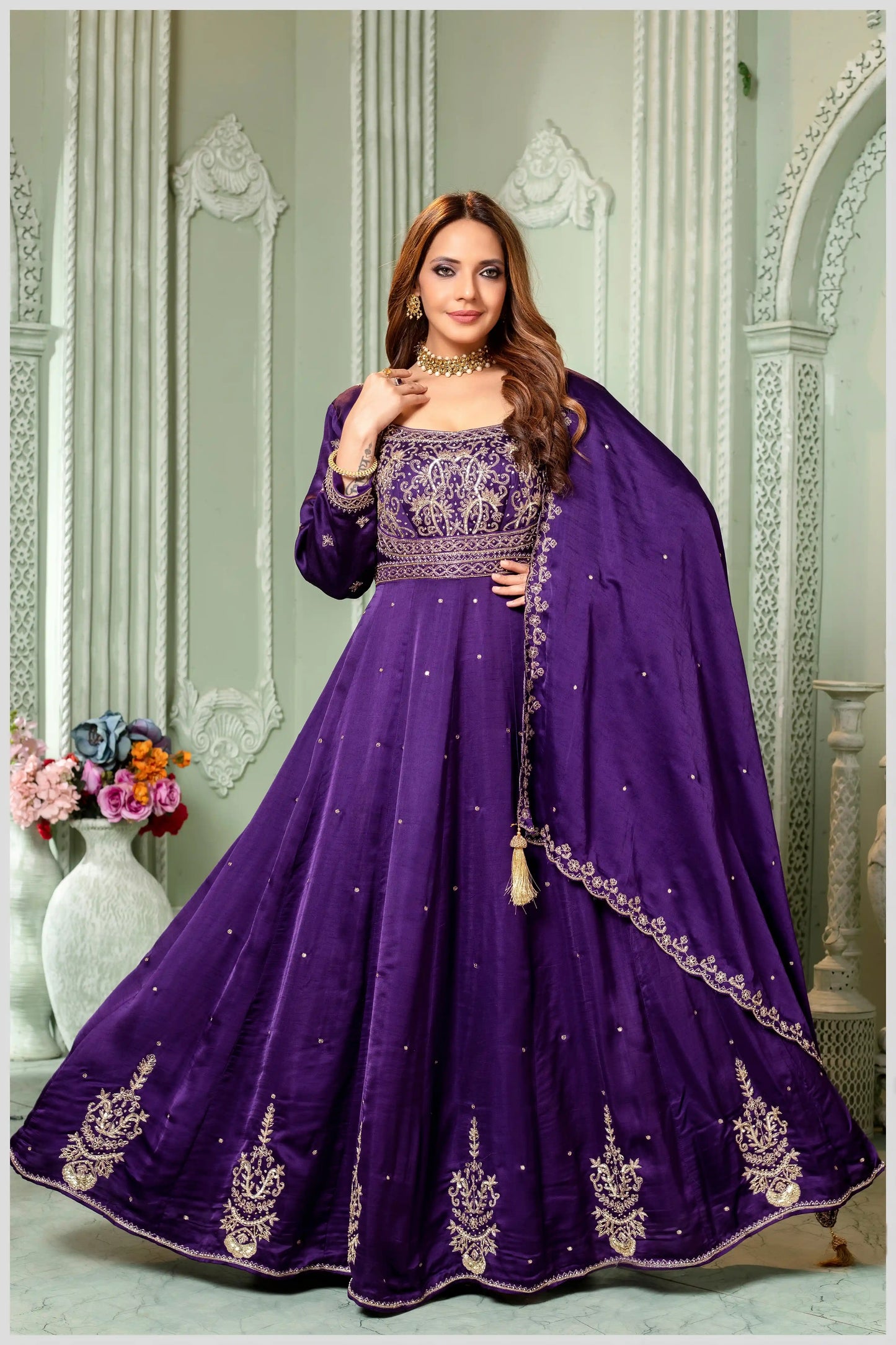 Deep Violet Embroidered Silk Anarkali Gown with Dupatta