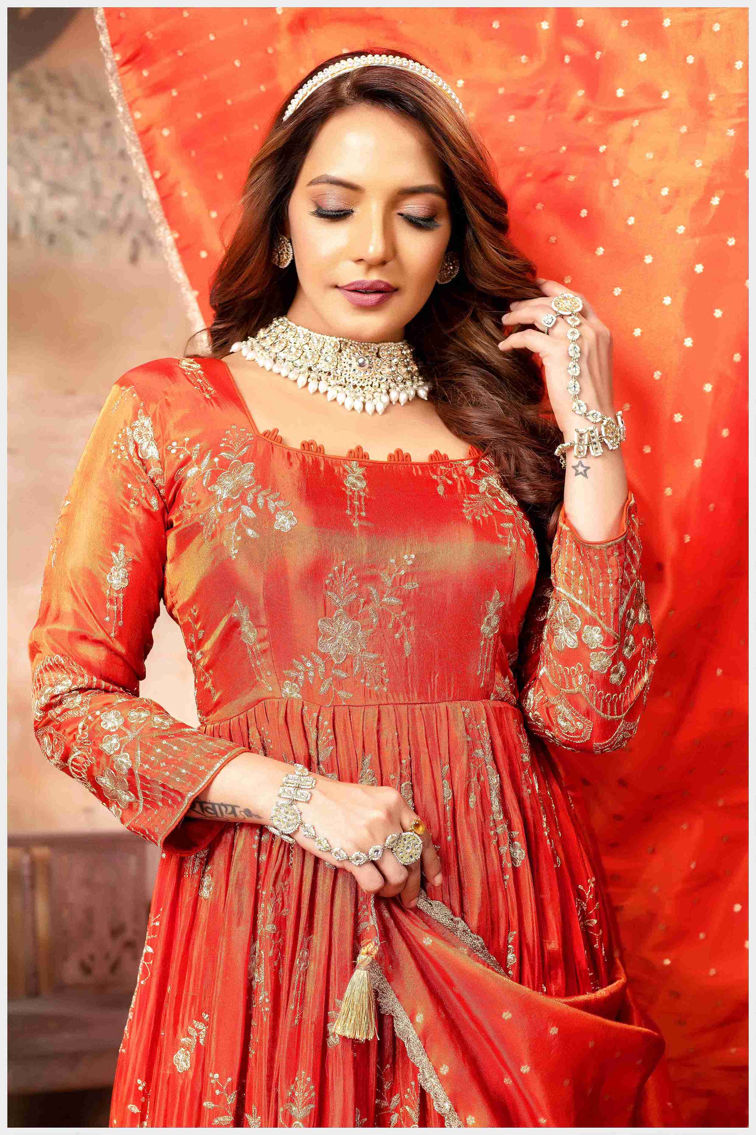Fiery Rust-Orange Embroidered Anarkali with Golden Accents