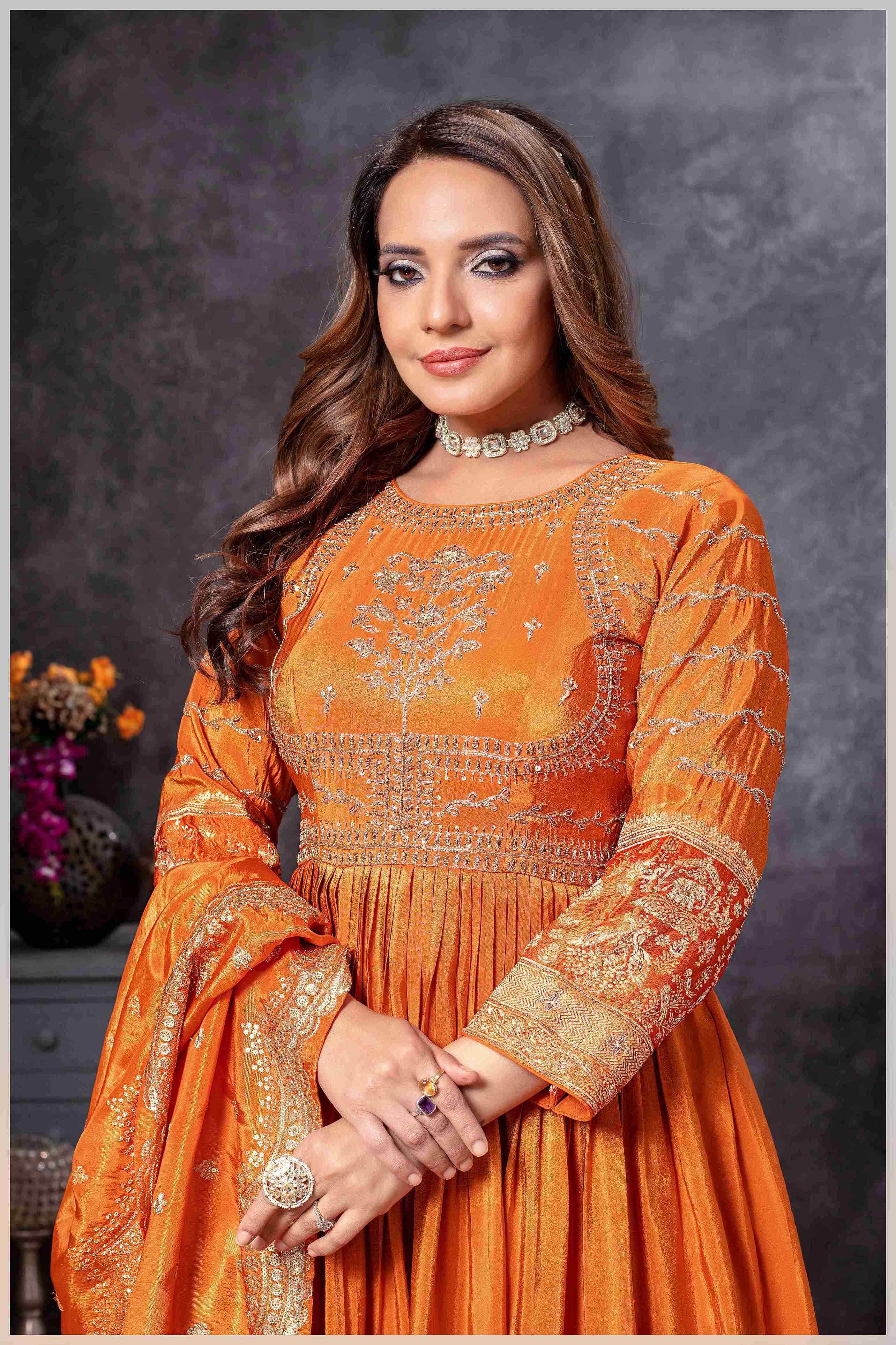 Rust Anarkali Gown with Zari Embroidered Dupatta