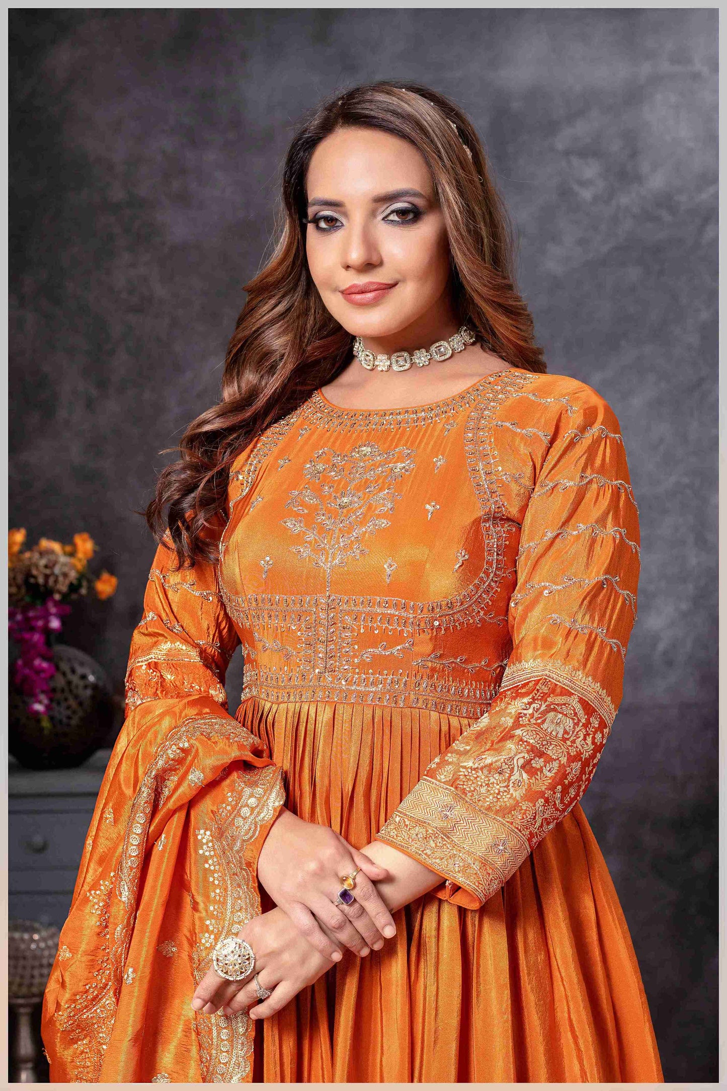 Rust Anarkali Gown with Zari Embroidered Dupatta