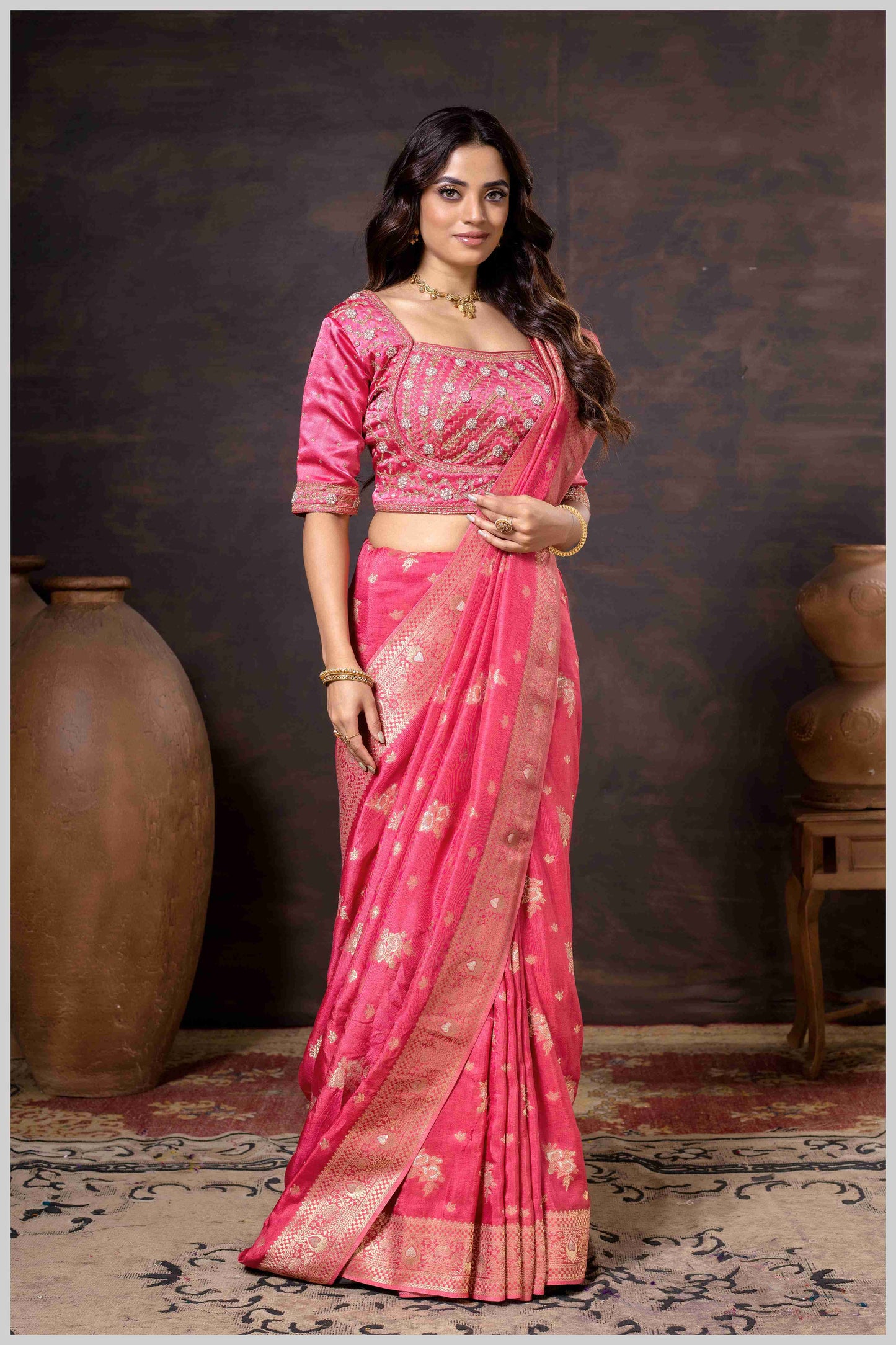 Regal Peach Zari Woven Silk Saree with Stitched Designer Blouse.