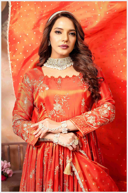 Fiery Rust-Orange Embroidered Anarkali with Golden Accents