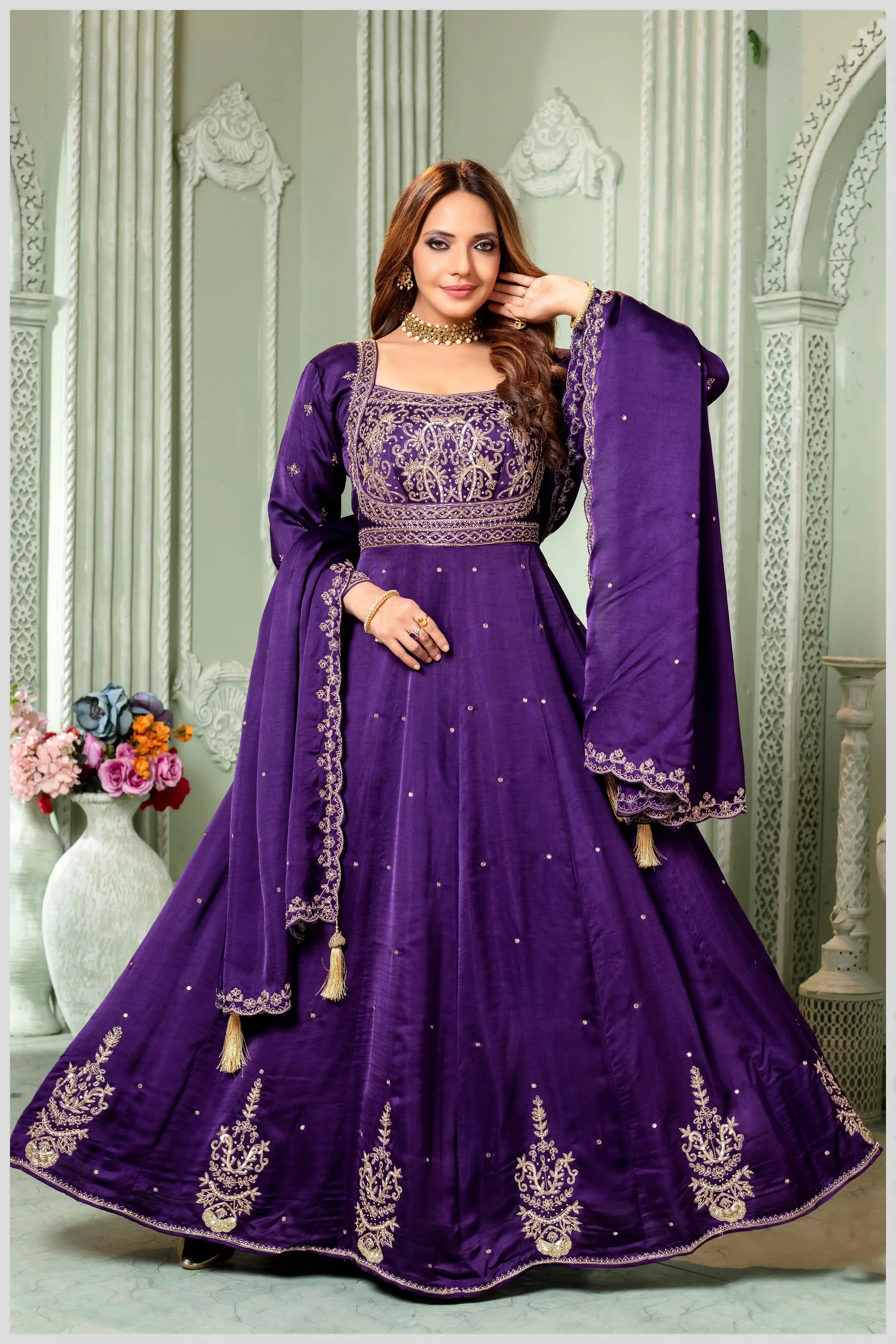 Deep Violet Embroidered Silk Anarkali Gown with Dupatta
