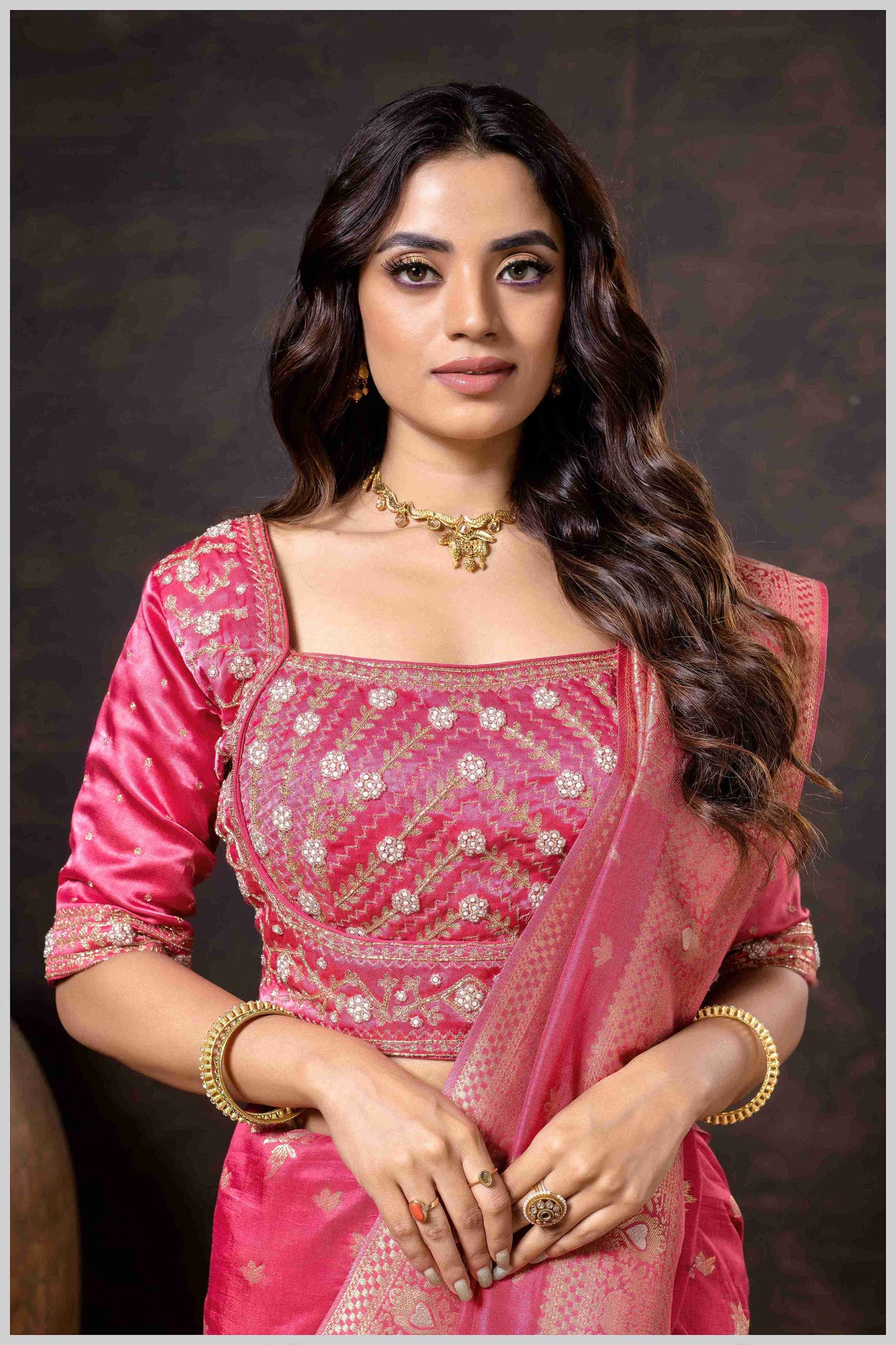 Regal Peach Zari Woven Silk Saree with Stitched Designer Blouse.