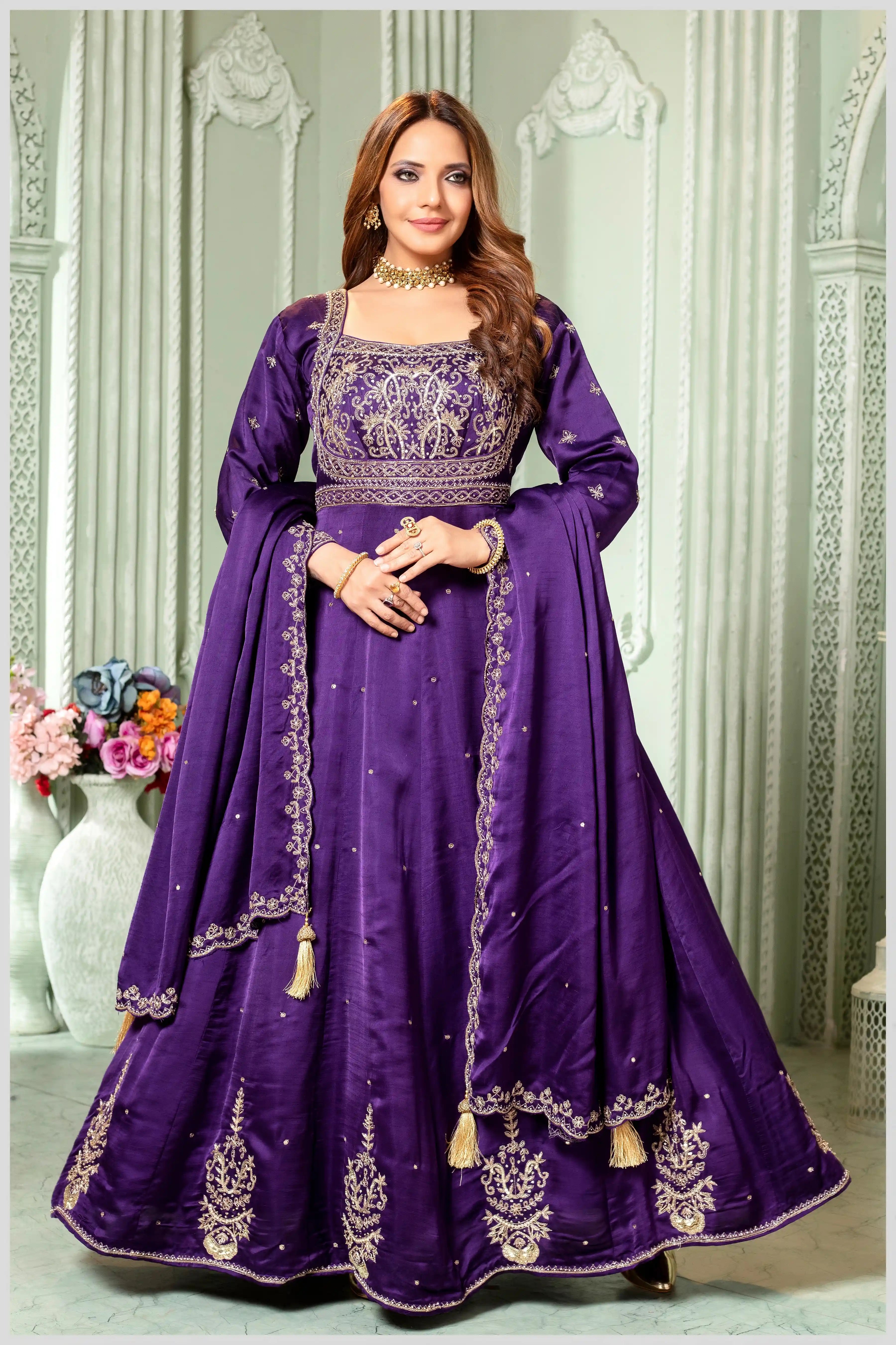 Deep Violet Embroidered Silk Anarkali Gown with Dupatta
