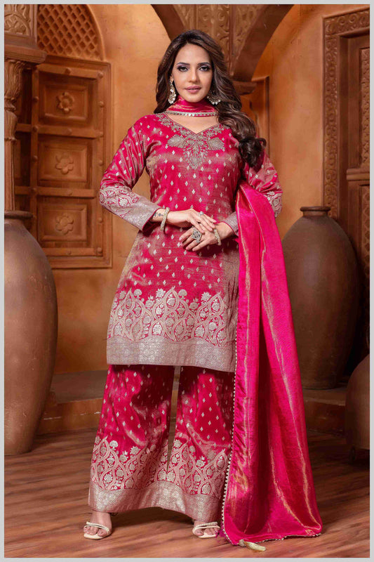 Pink Tissue Silk Plazo Set with Golden Zari Accents