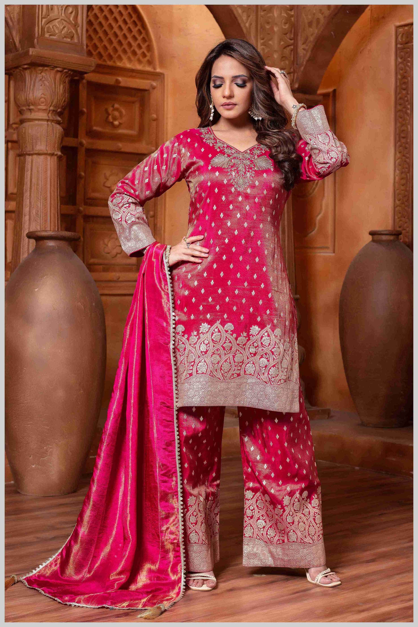 Pink Tissue Silk Plazo Set with Golden Zari Accents