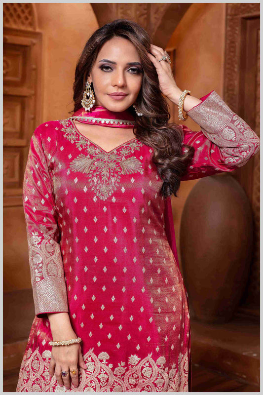 Pink Tissue Silk Plazo Set with Golden Zari Accents