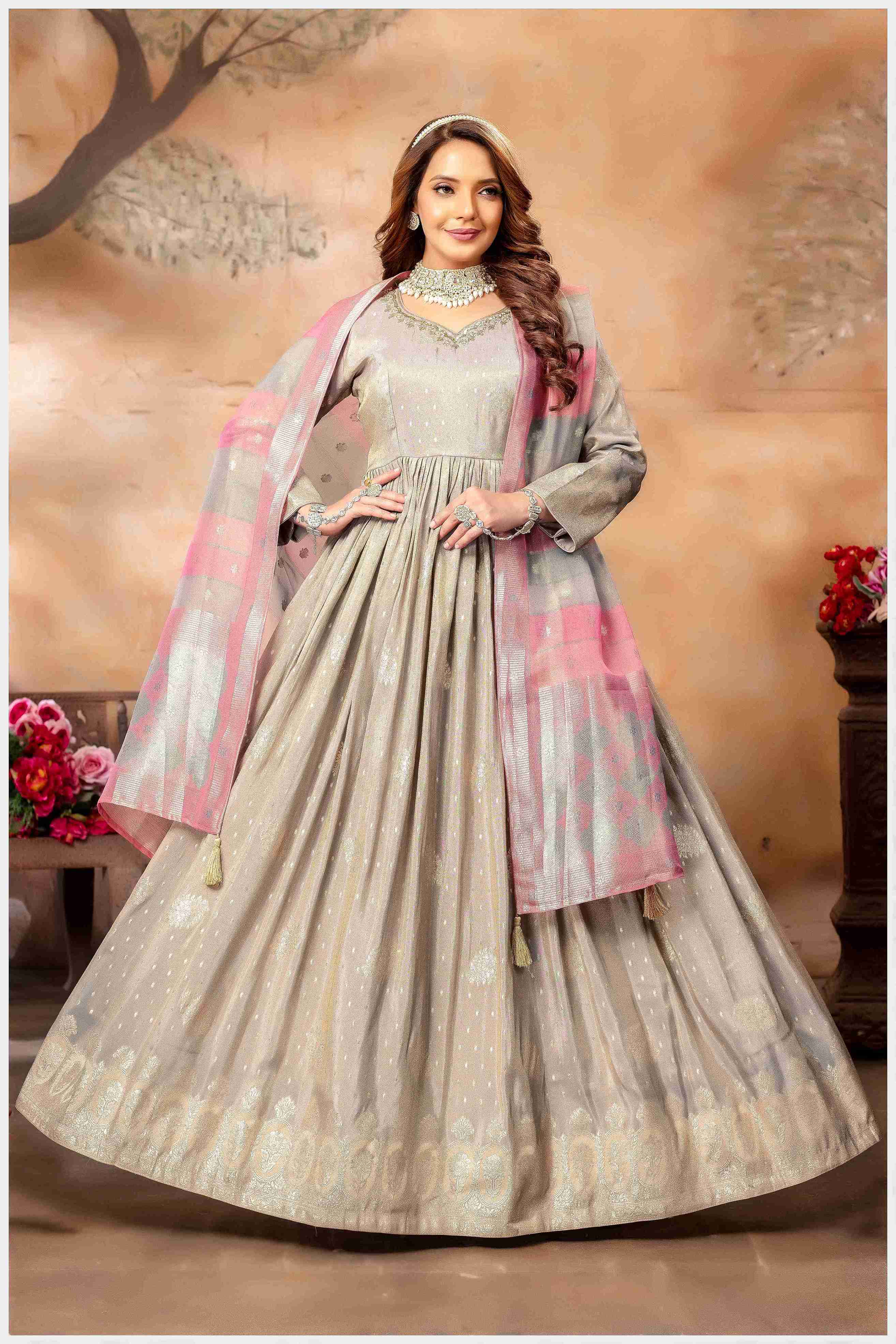 Elegant Light Grey Anarkali Gown with Dupatta.