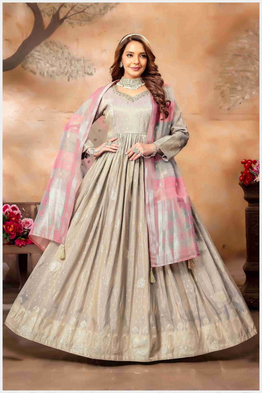 Elegant Light Grey Anarkali Gown with Dupatta.