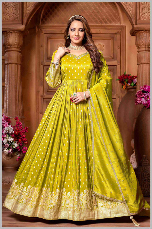 Radiate Grace in This Timeless Mehendi Tissue Silk Anarkali Gown