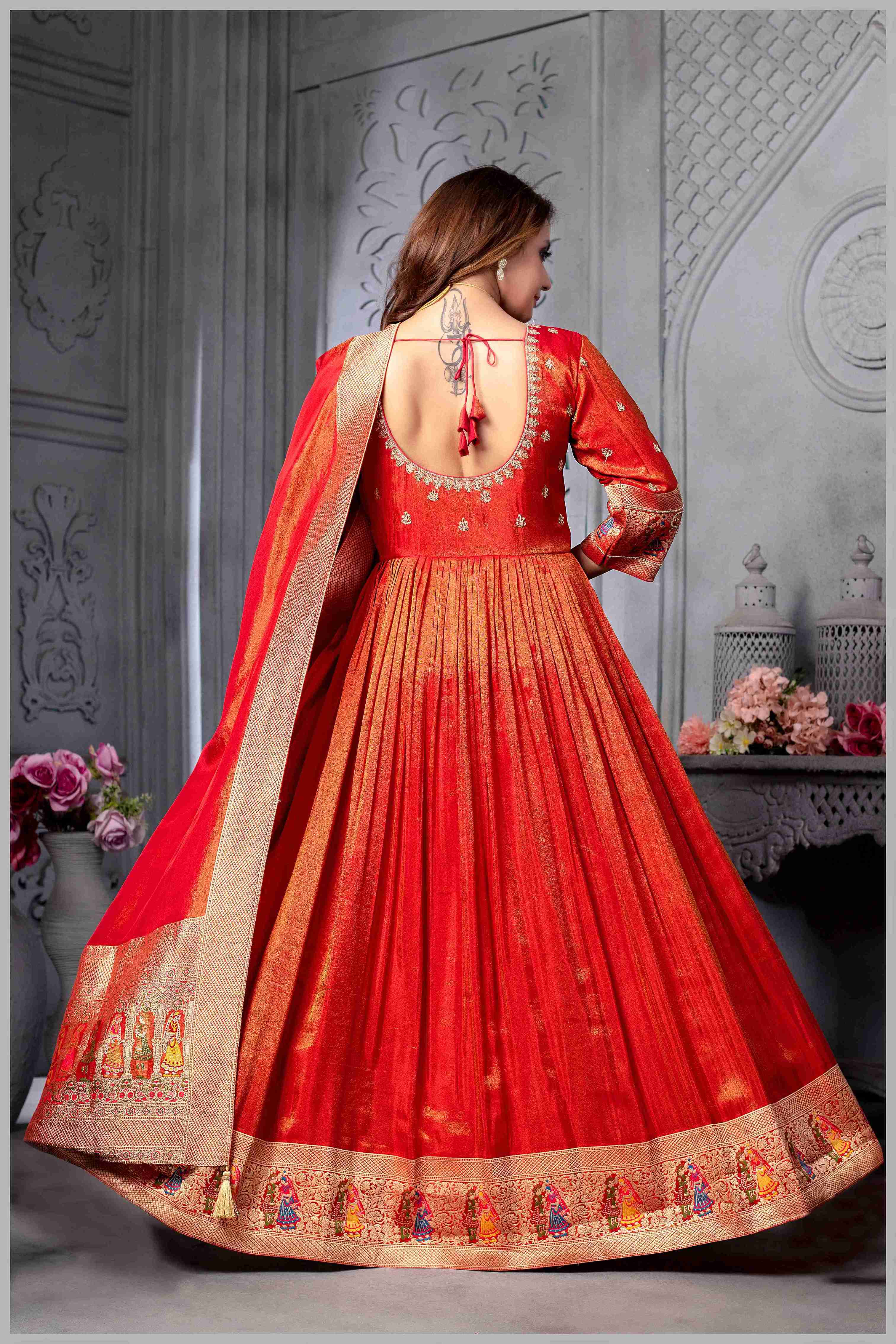 Red Anarkali with Folk Motif Silk Dupatta