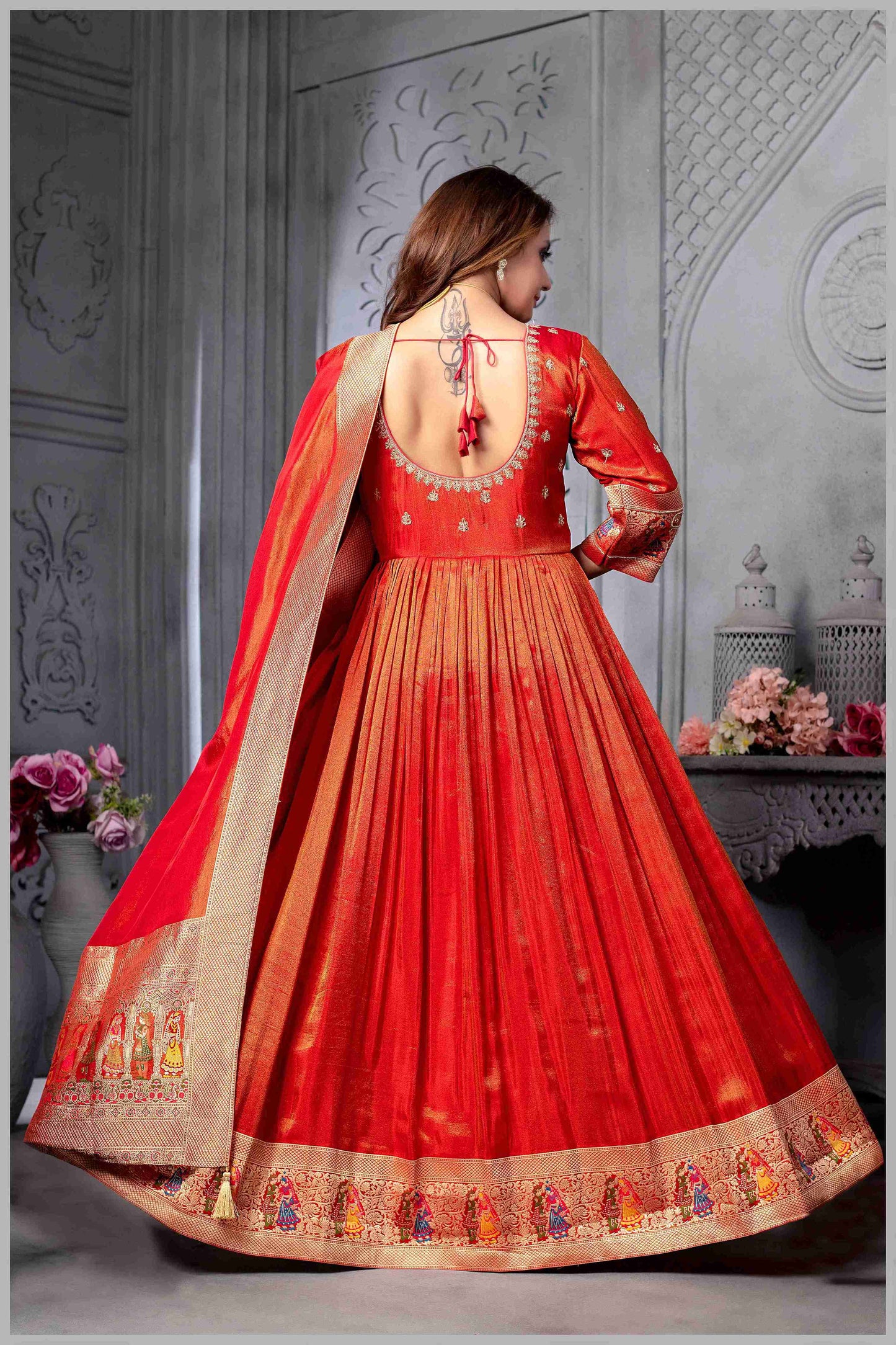 Red Anarkali with Folk Motif Silk Dupatta